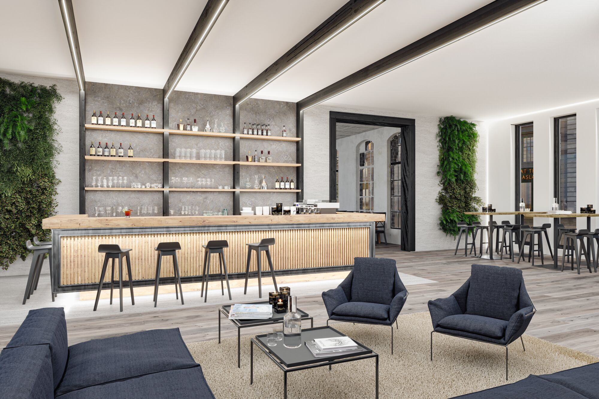 Nowoczesny bar z miejscami do siedzenia, roślinami i stołami.