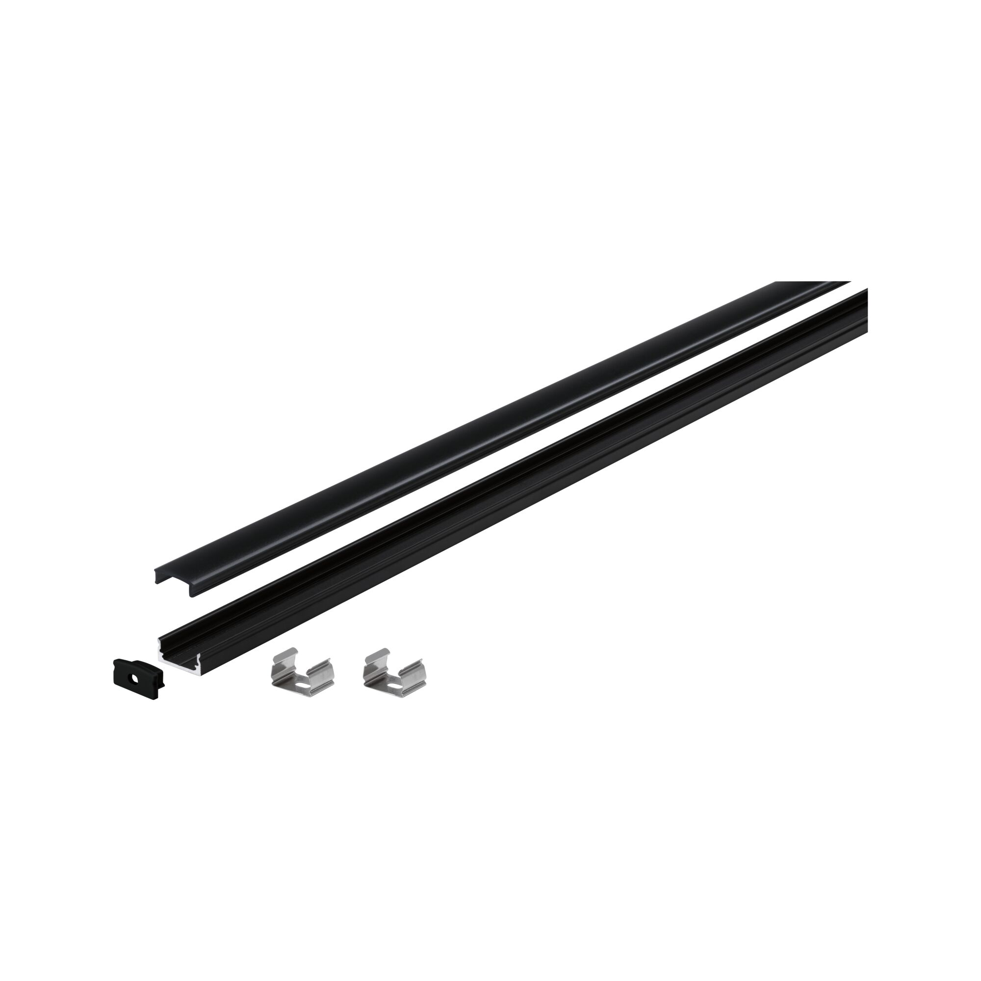Schwarze Aluminiumprofile mit Montagezubehör auf weißem Hintergrund.