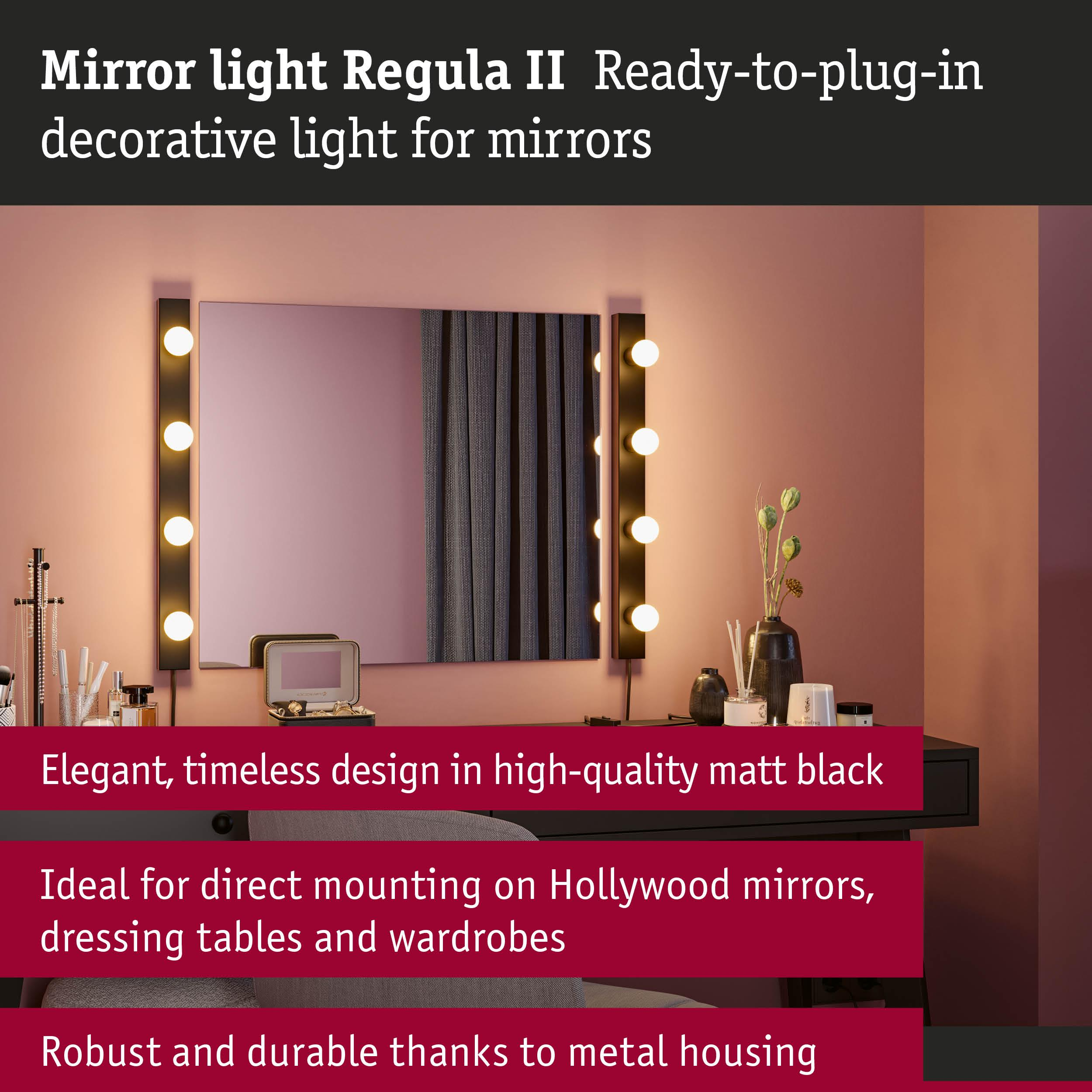 Oświetlenie lustra z 10 żarówkami na czarnej taśmie, obok lustra.
