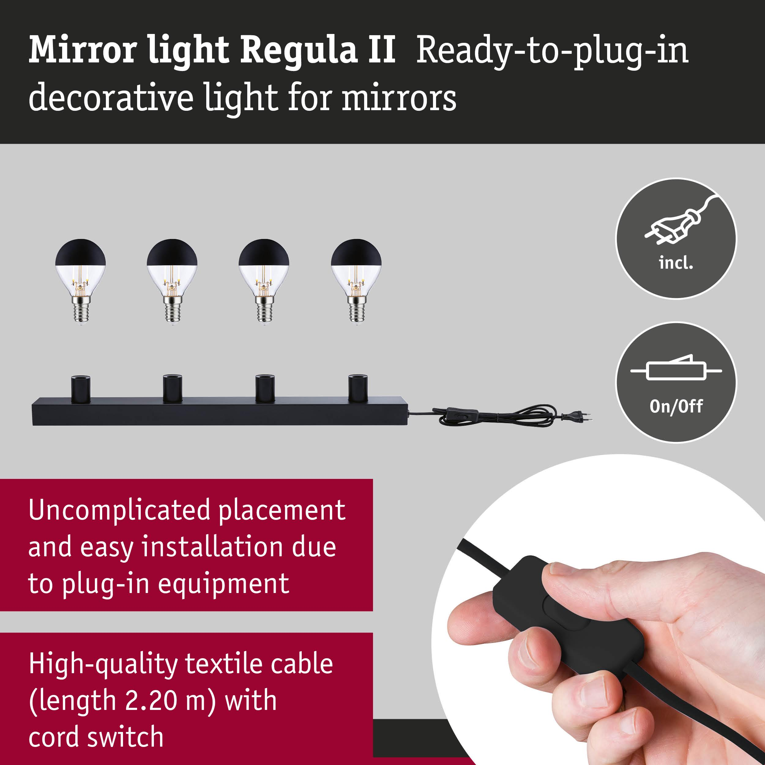 Lampa lustrzana Regula II z kablem, przełącznikiem i wtyczką.