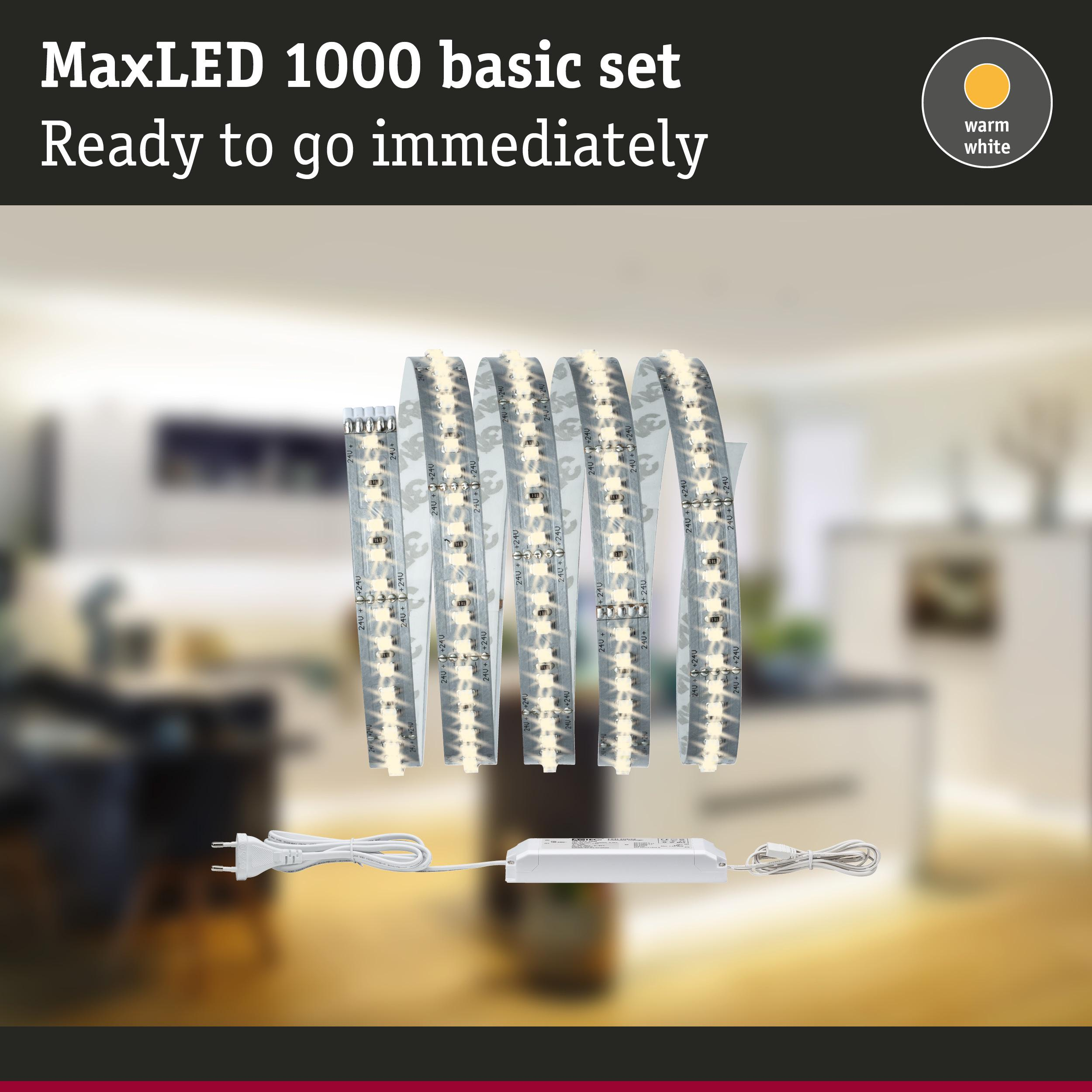 MaxLED 1000 Set mit warmweißen LEDs, Netzteil und Stecker.