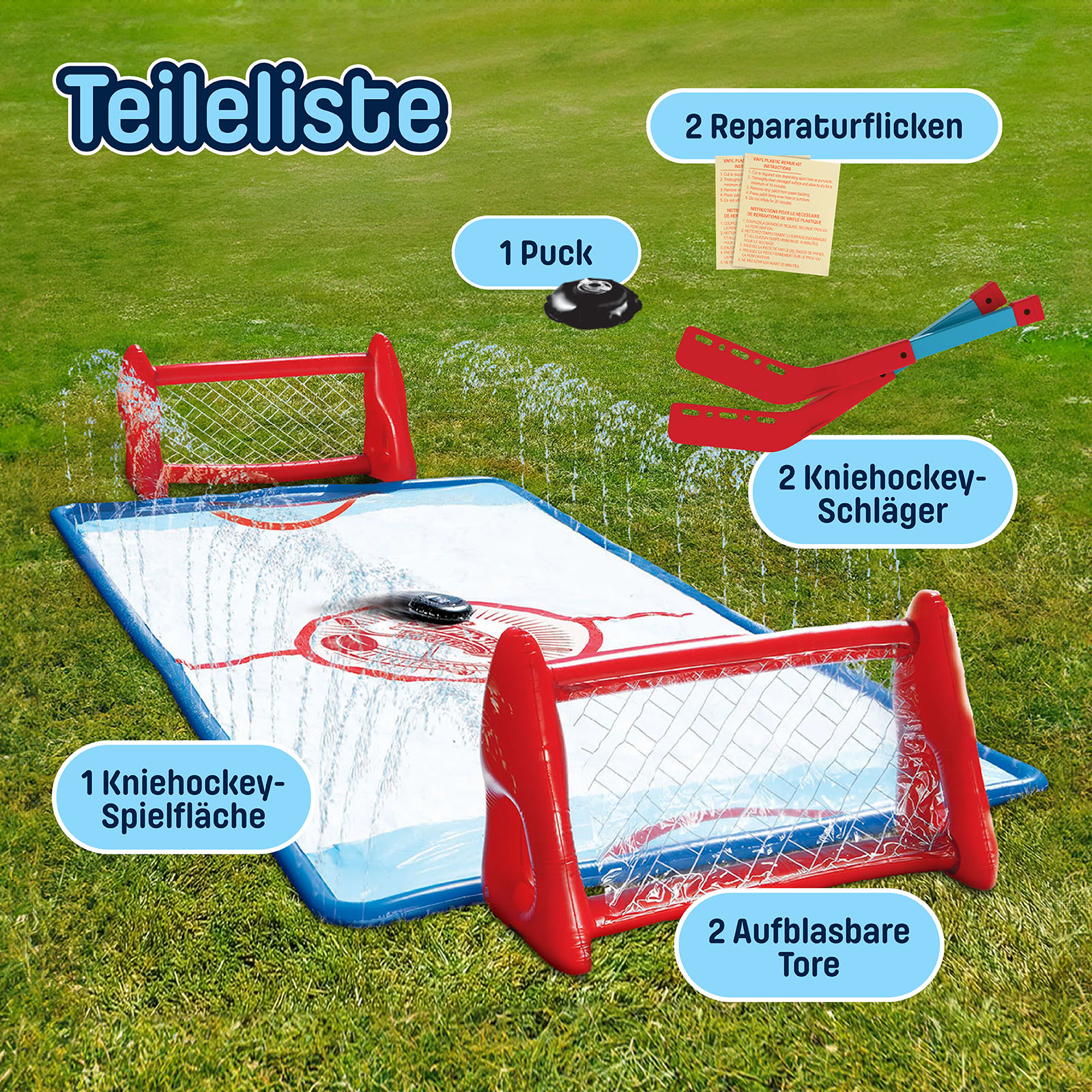 Aufblasbares Kniehockey-Spielset mit Toren, Schlägern, Puck und Flickzeug.