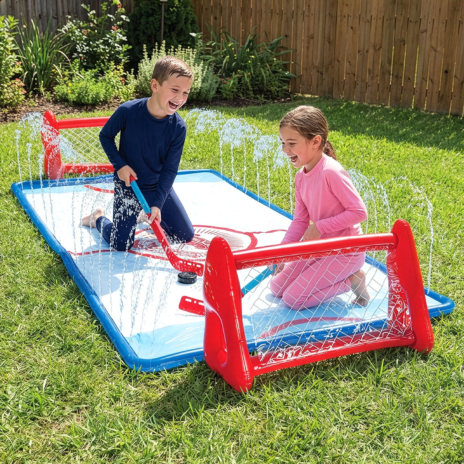 Zwei Kinder spielen Hockey auf einer aufblasbaren Wassermatte im Garten.