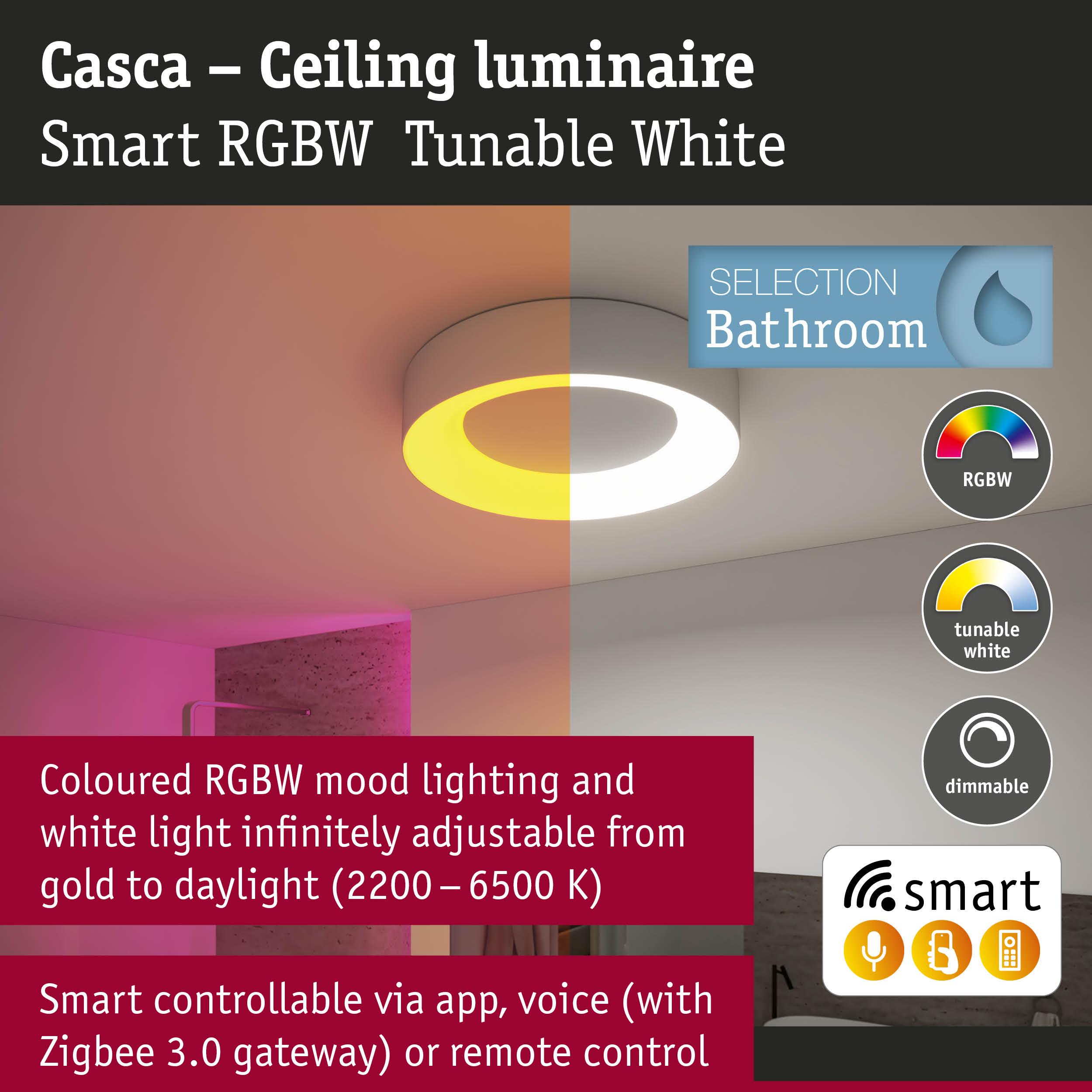 Plafonnier Casca : Éclairage d'ambiance RGBW et blanc tunable, contrôlé par app.