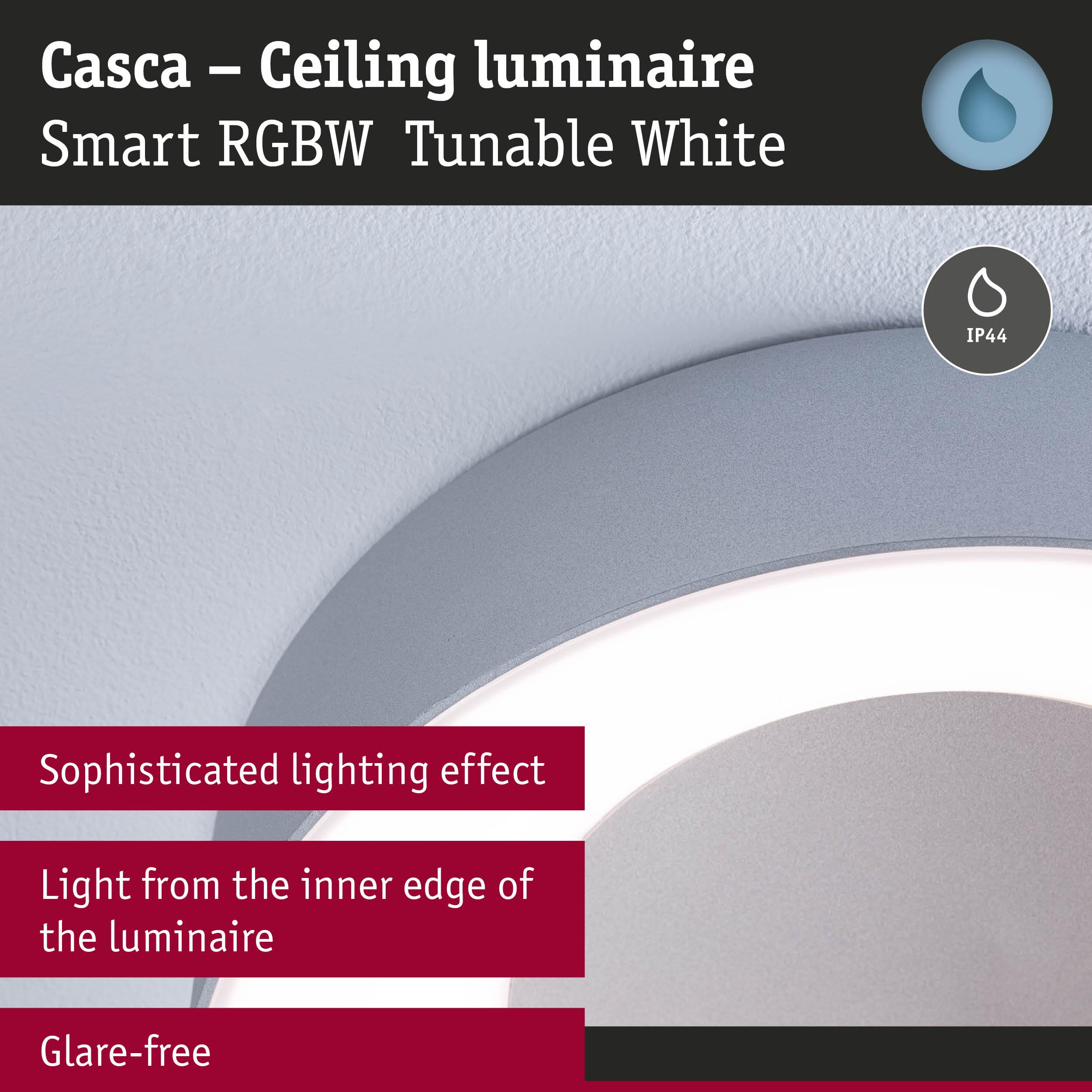 Luminaire de plafond Casca, Smart RGBW Tunable White, IP44, avec texte.