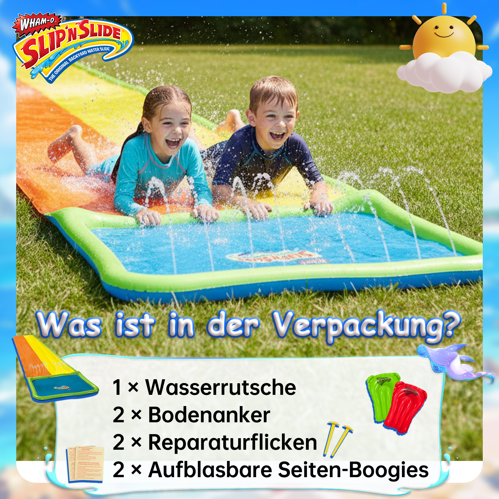 Zwei Kinder rutschen lachend auf einer bunten Wasserrutsche im Garten. Ein Sonnensymbol ist oben rechts.