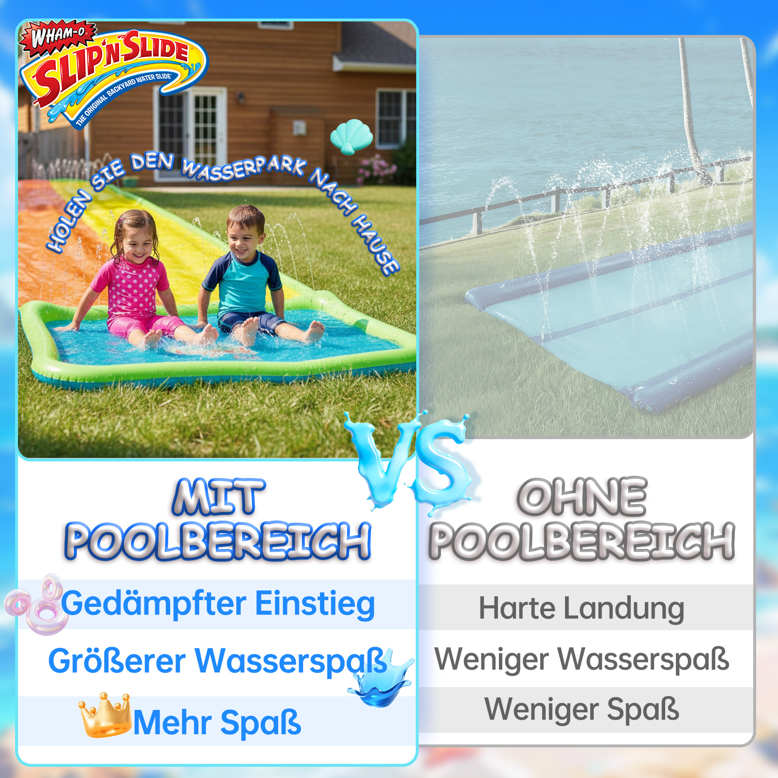 Kinder auf einer Wasserrutsche mit Poolbereich und ohne.