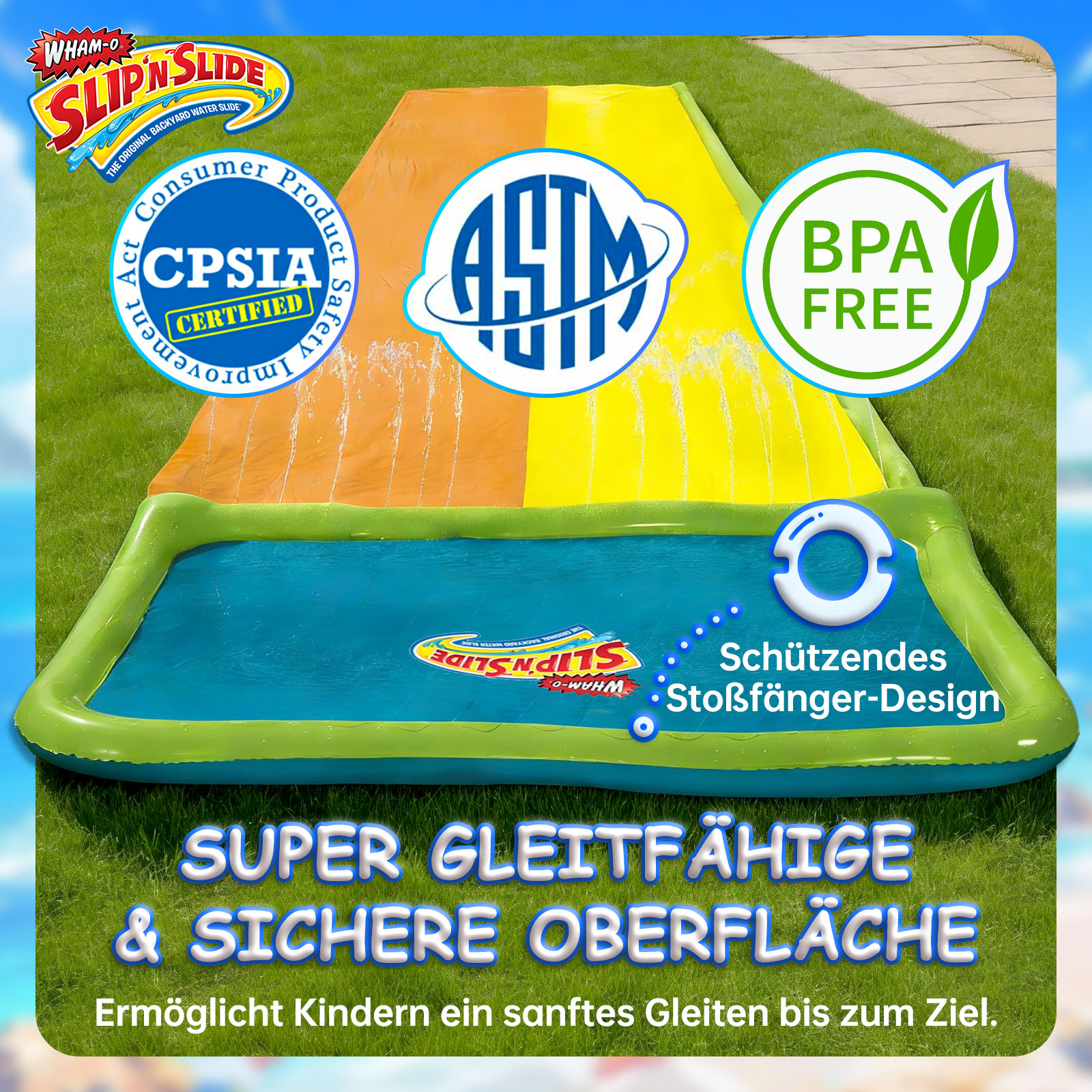Aufblasbare Wasserrutsche mit Sprühdüsen, BPA-frei, ASTM-zertifiziert.