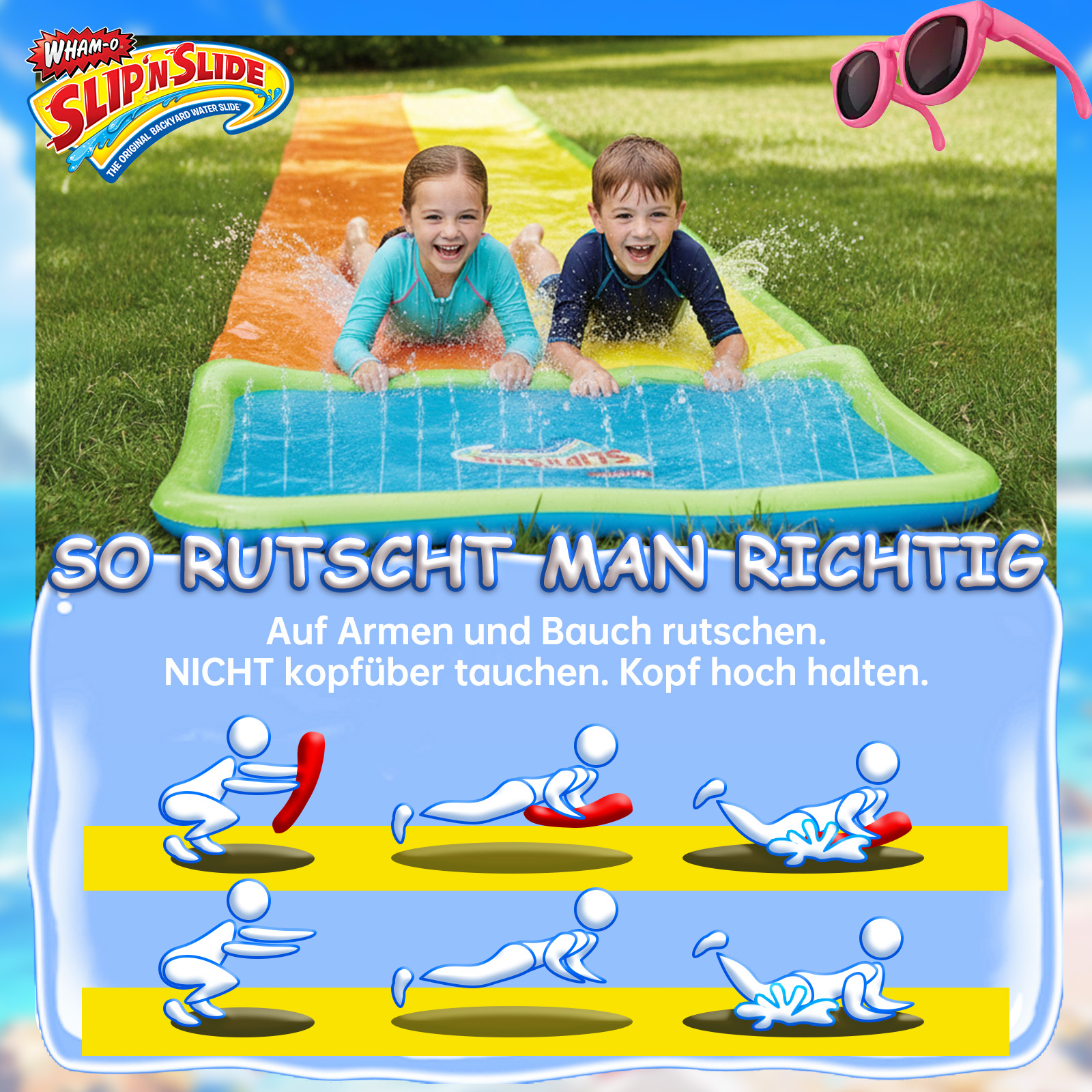 Zwei lachende Kinder rutschen auf einer Wasserrutsche. Rosa Sonnenbrille oben.