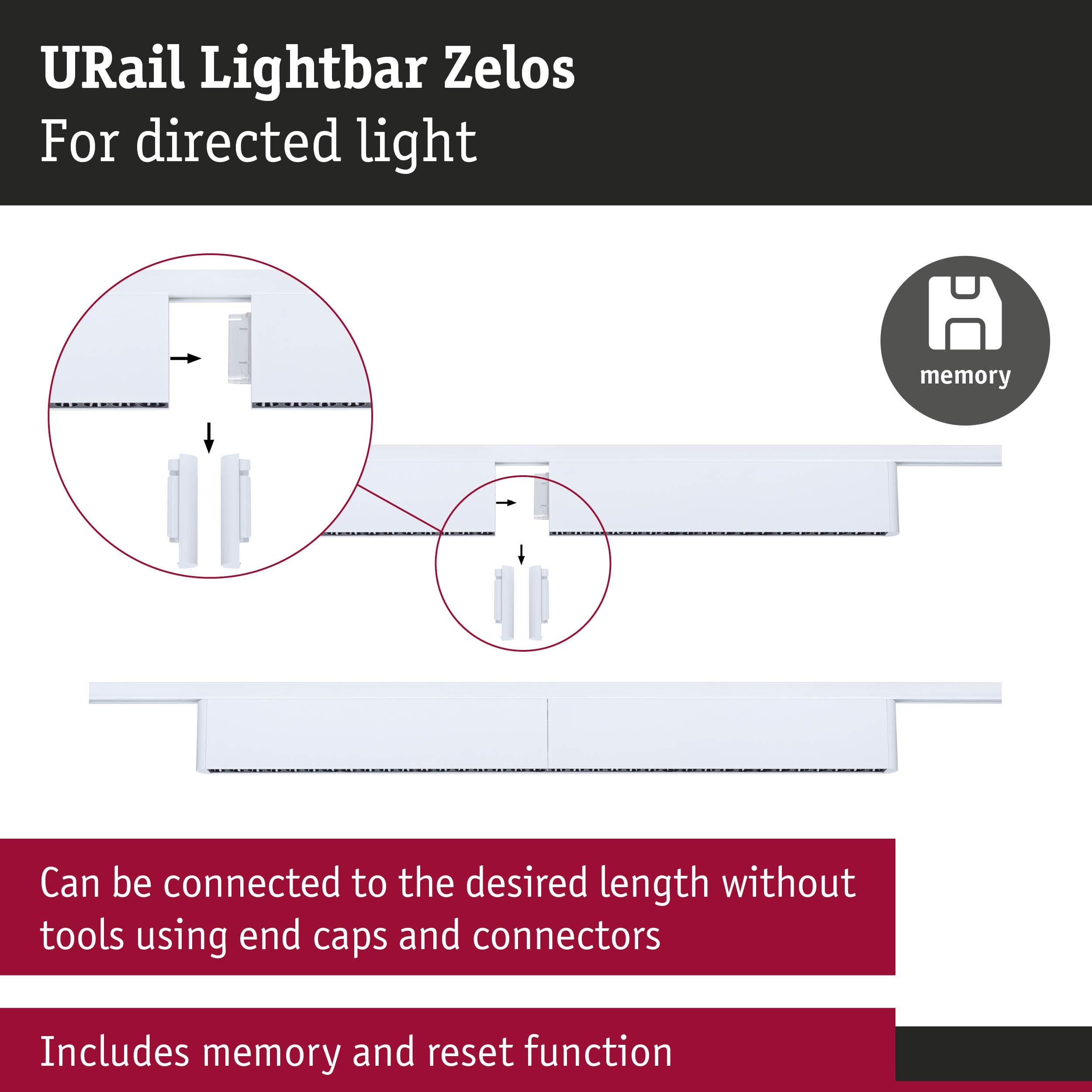 Weiße Lichtleiste mit Anschlussdetails und Speicher-Symbol.