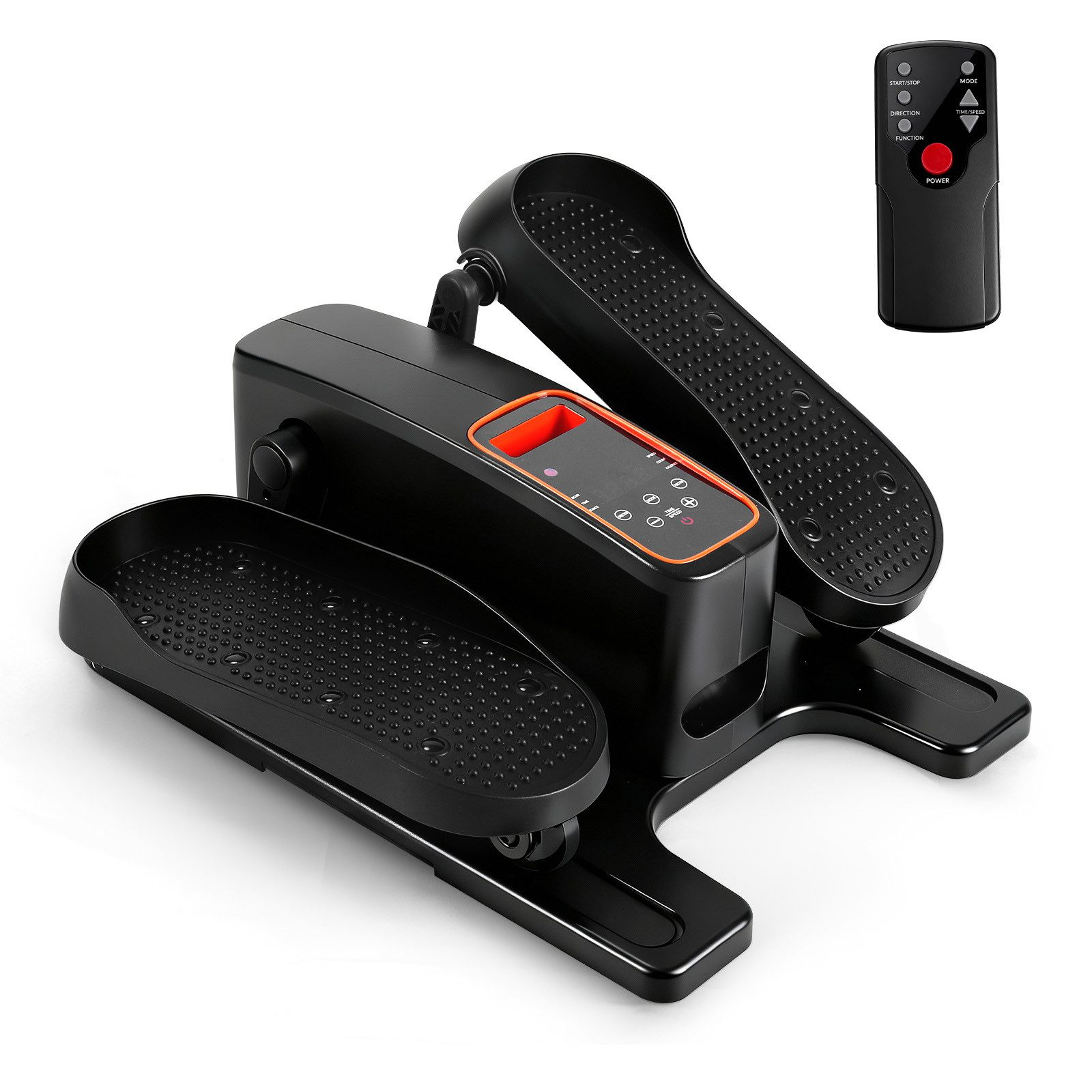 Schwarzer Heimtrainer mit Pedalen und Fernbedienung.