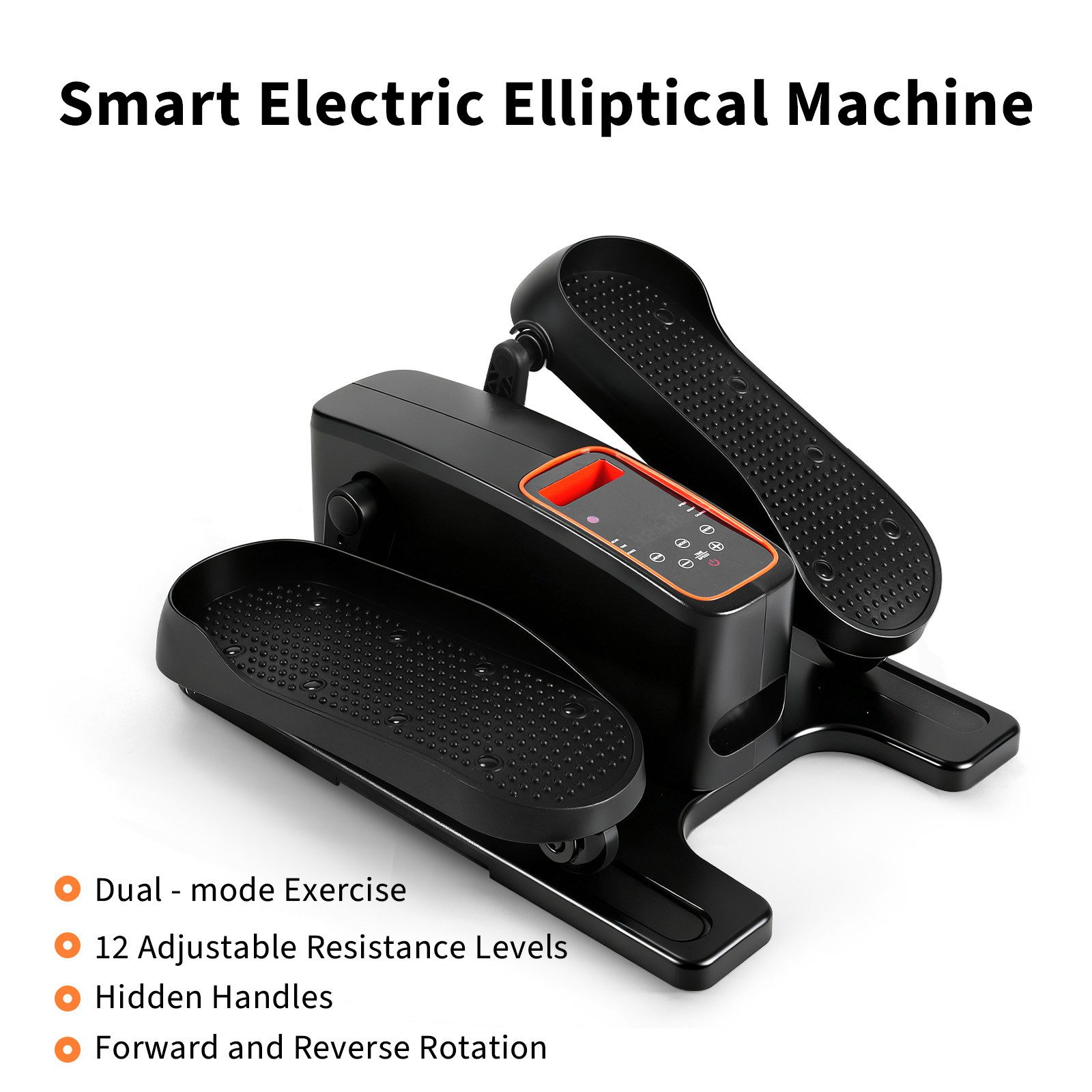 Ein schwarzes Smart Ellipsentrainer mit Bedienfeld und Fußpedalen.