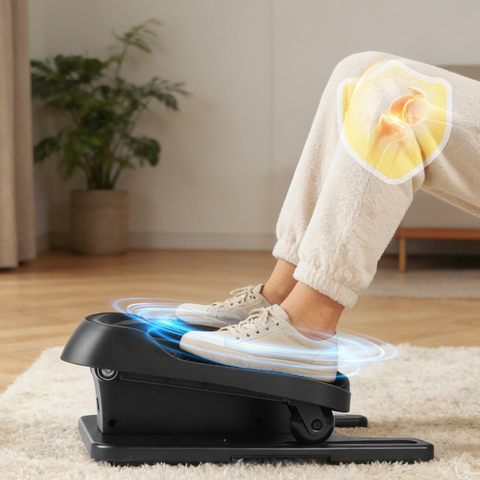 Person trainiert Knie auf schwarzem Heimtrainer mit blauen Lichtkreisen.