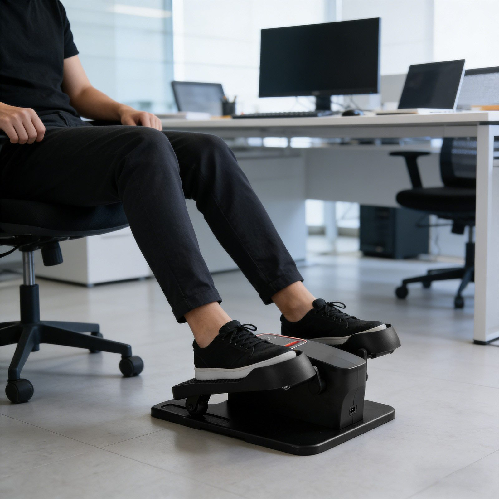 Person in schwarzer Kleidung auf Bürostuhl, Füße auf schwarzem Pedal-Trainer.