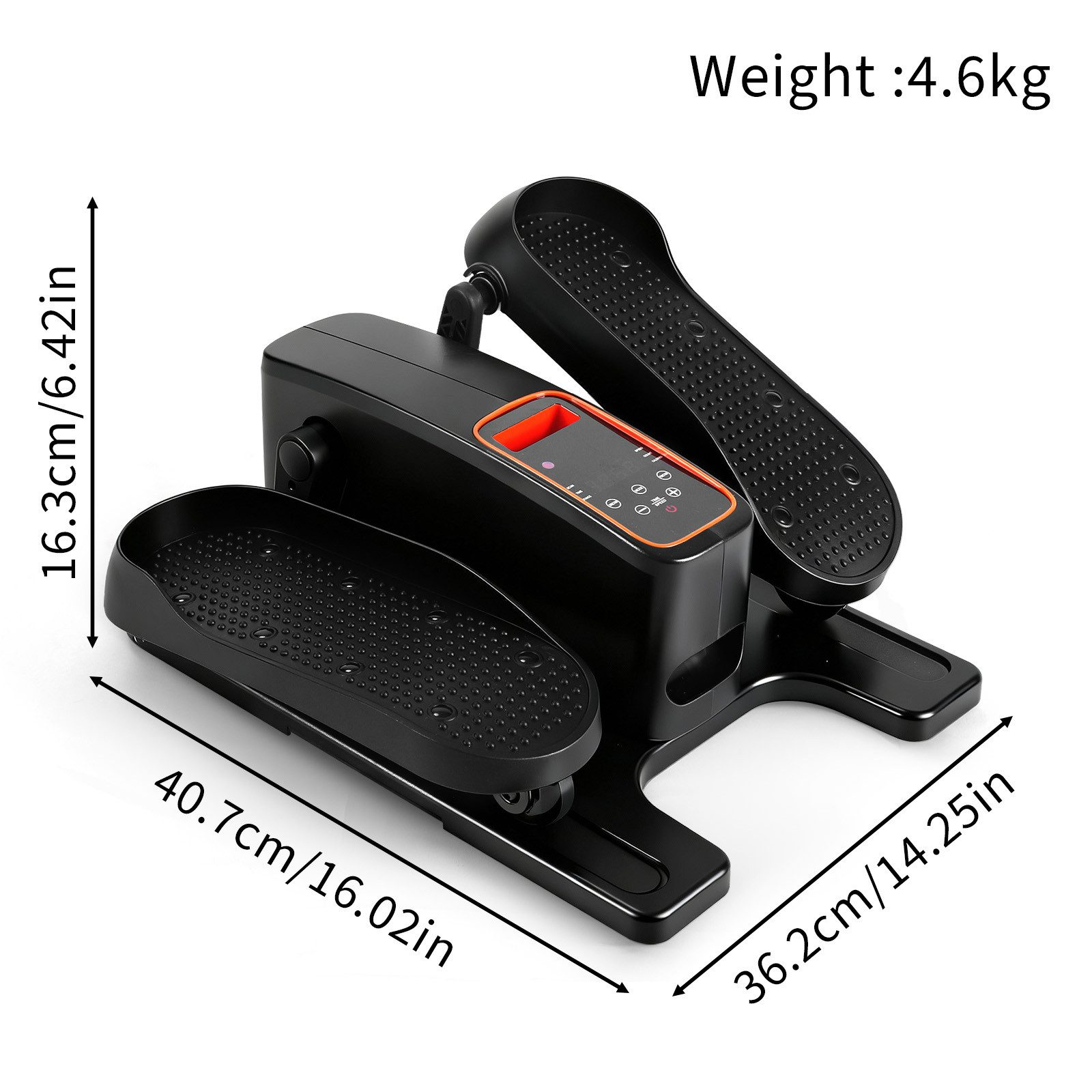 Ein schwarzer Heimtrainer mit Trittflächen und einem digitalen Display.