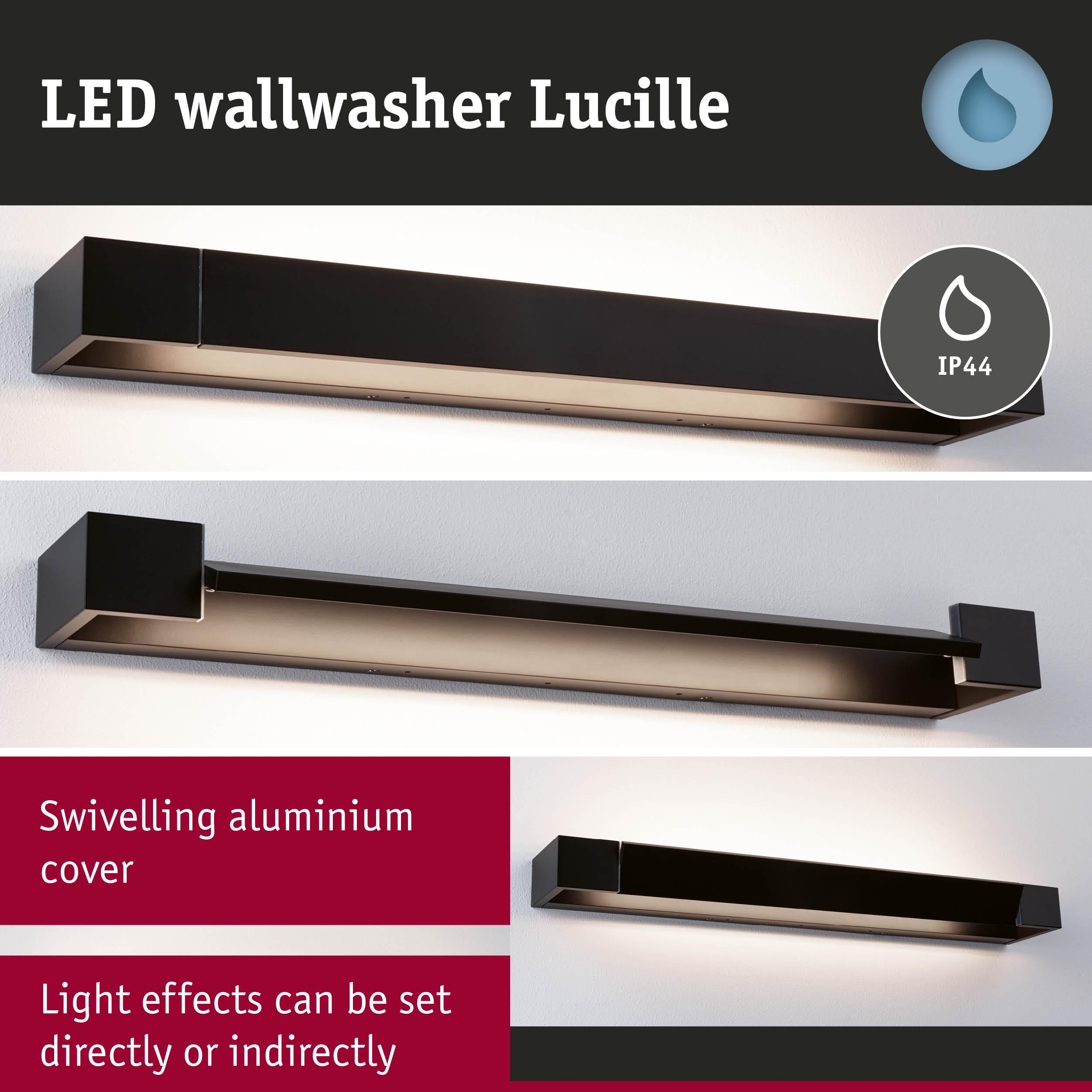 Schwarzer LED-Wandfluter mit schwenkbarem Aluminiumcover.