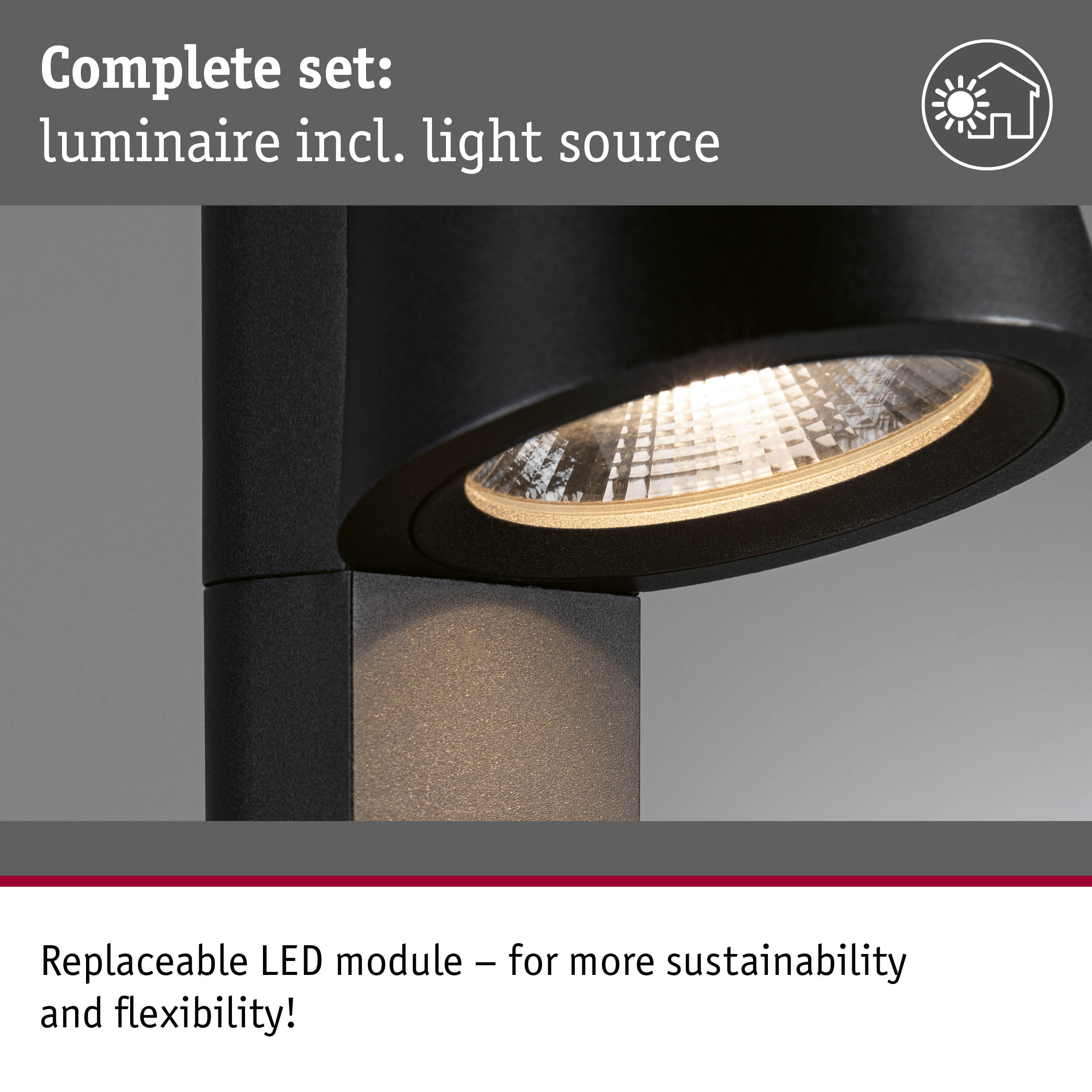 Czarna lampa zewnętrzna ze zintegrowanym źródłem światła i tekstem.