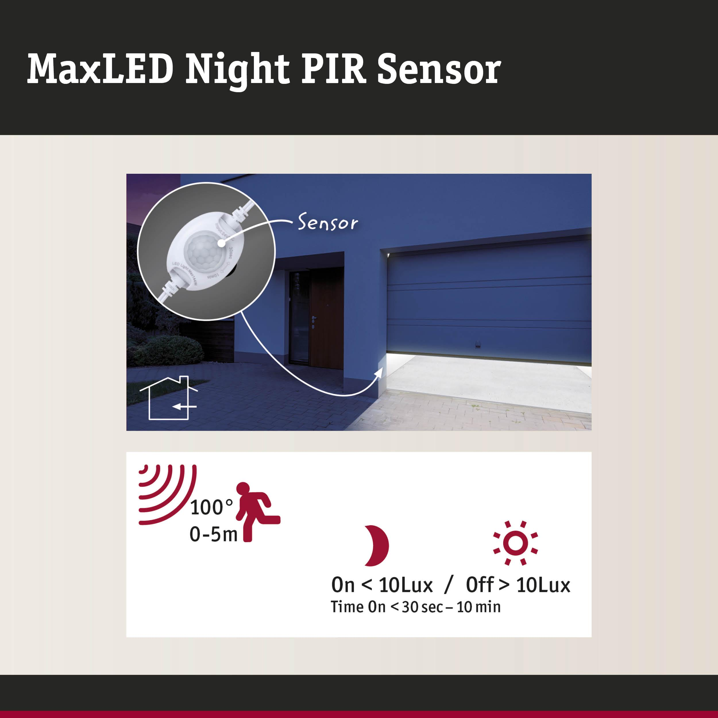MaxLED Nacht PIR Sensor. Zeigt einen Bewegungssensor neben einem Garagentor.