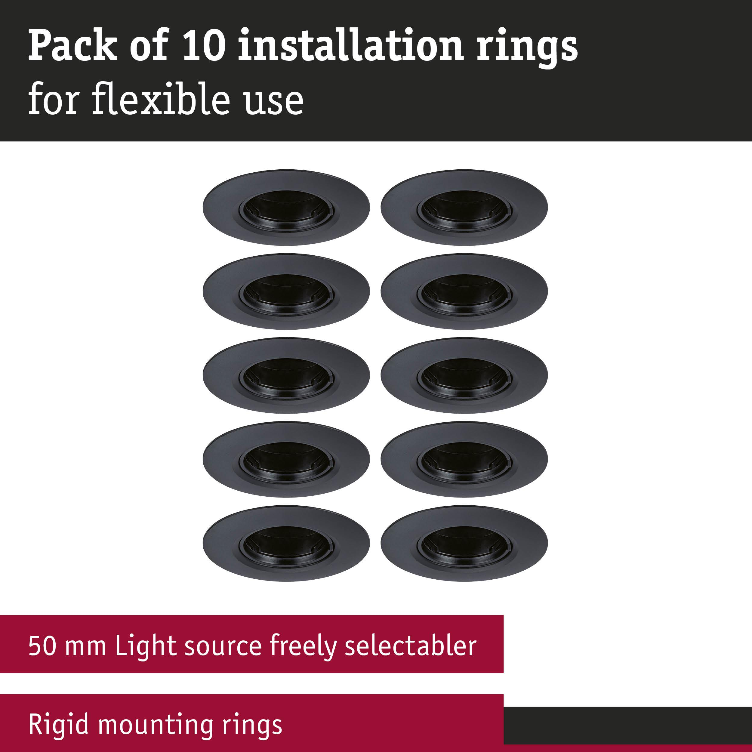 Opakowanie 10 czarnych pierścieni montażowych do elastycznego użytku.
