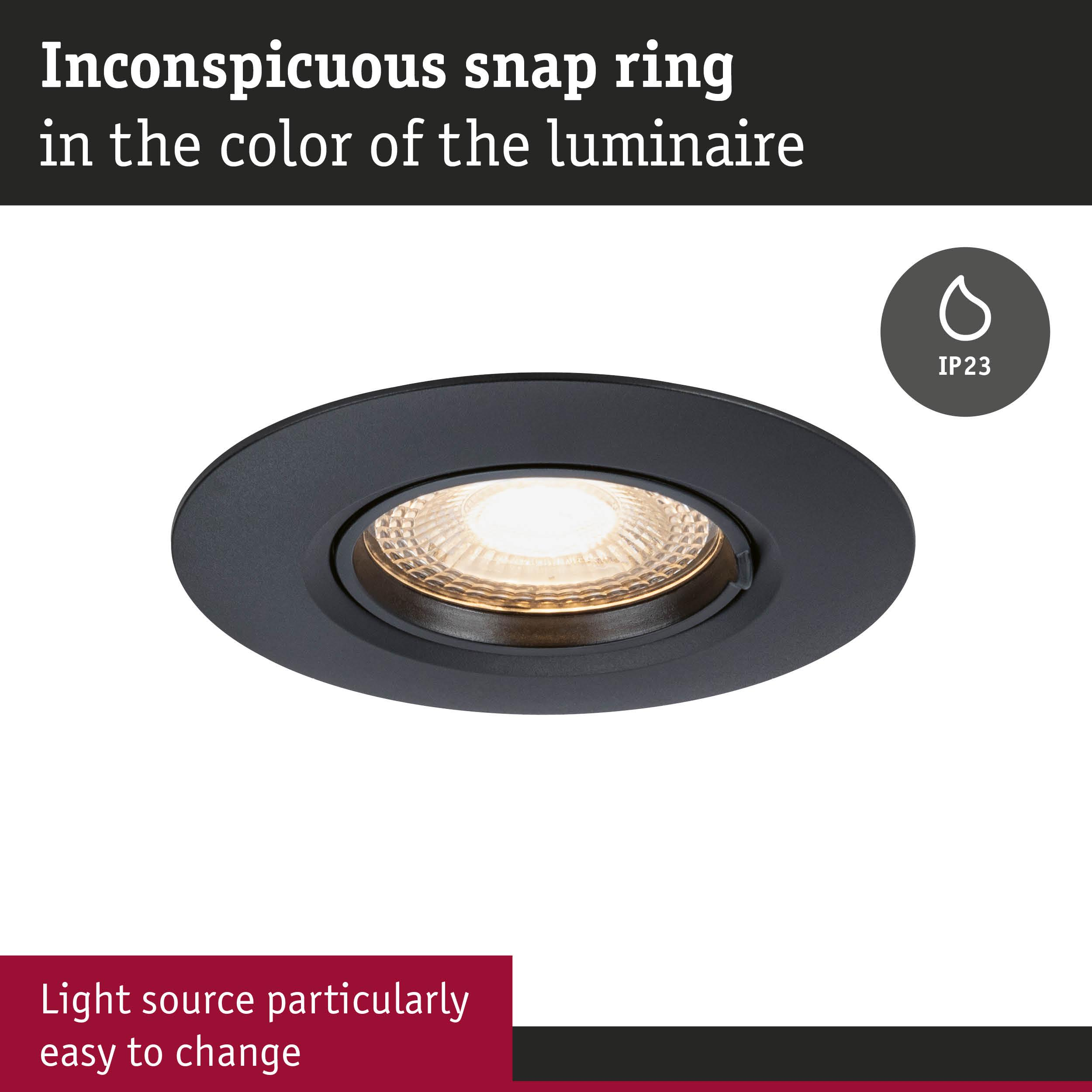 Reflektor podtynkowy z czarnym pierścieniem, IP23, łatwa wymiana źródła światła.