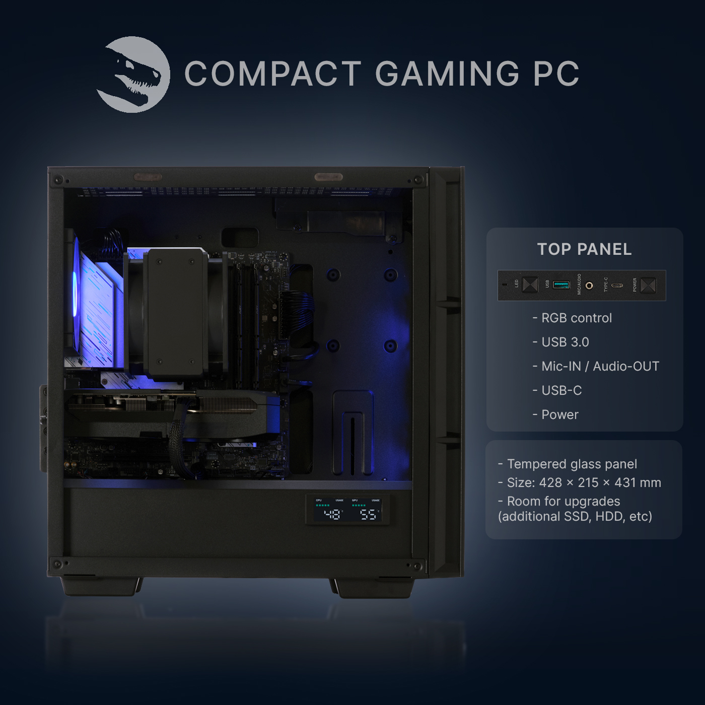 Czarna obudowa PC z niebieskimi podświetlanymi komponentami i cyfrowym wyświetlaczem.