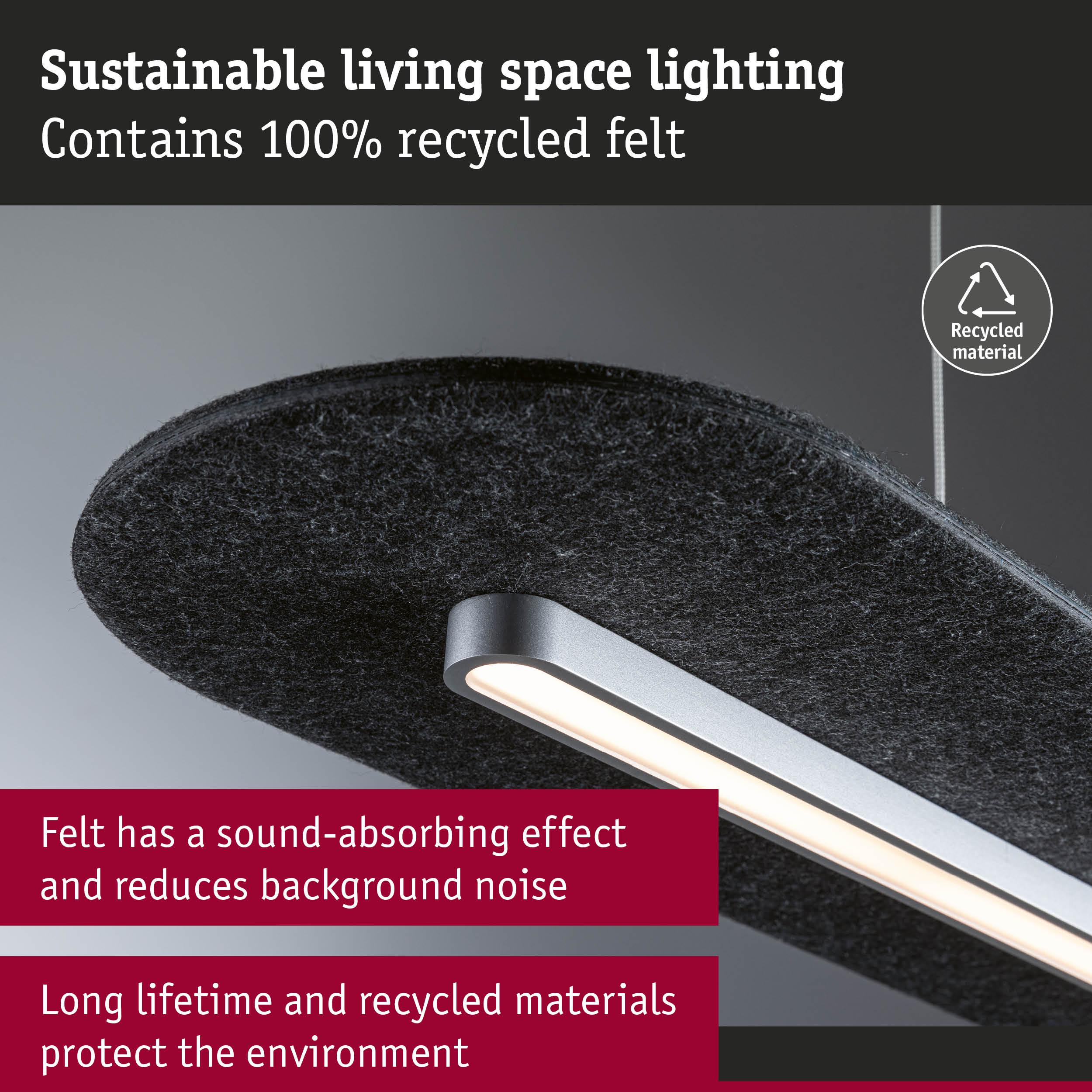 Graues Filzobjekt mit integriertem LED-Lichtband, 100 % recycelt.