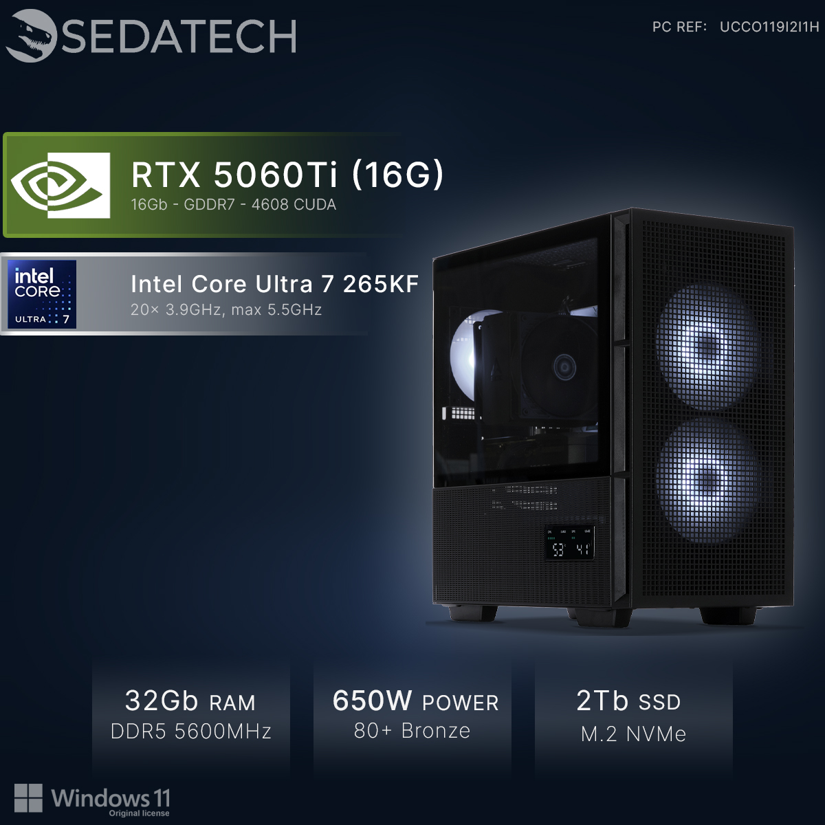 Ein schwarzer PC mit RGB-Lüftern, Intel Core Ultra 7, RTX 5060Ti, 32 GB RAM.
