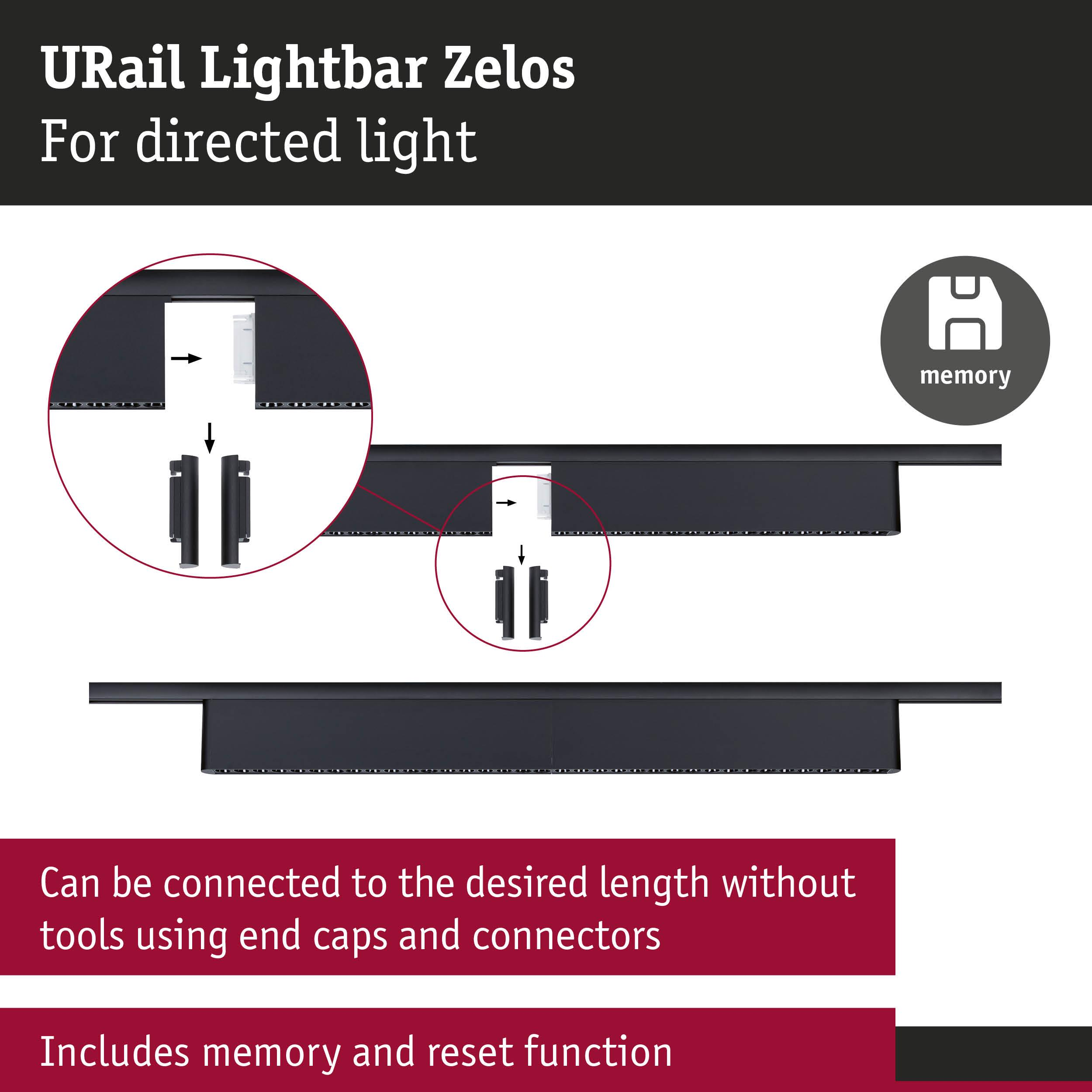 URail Lichtleiste Zelos: Werkzeuglose Montage mit Endkappen und Verbinder.
