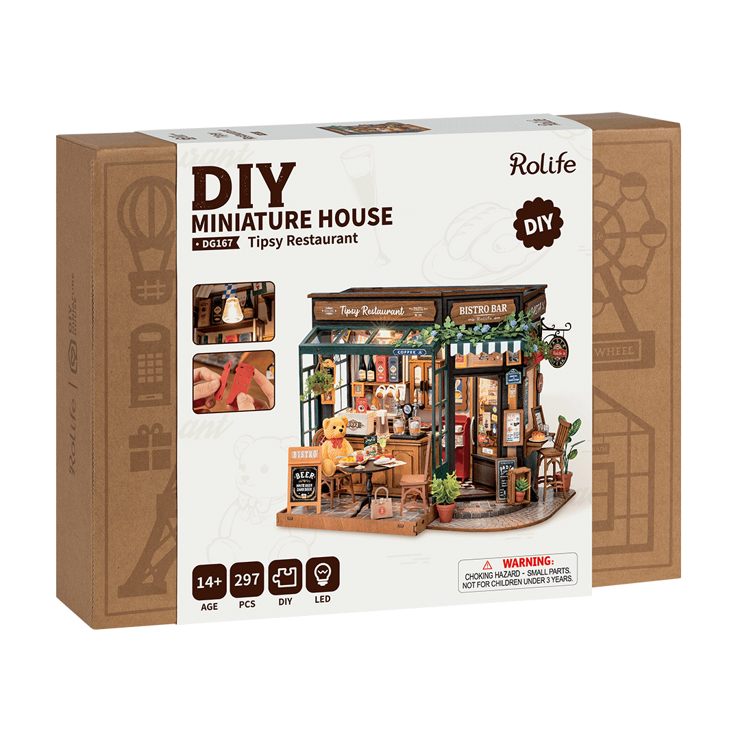 Verpackung für ein DIY-Miniaturhaus namens Tipsy Restaurant mit Teddybär.