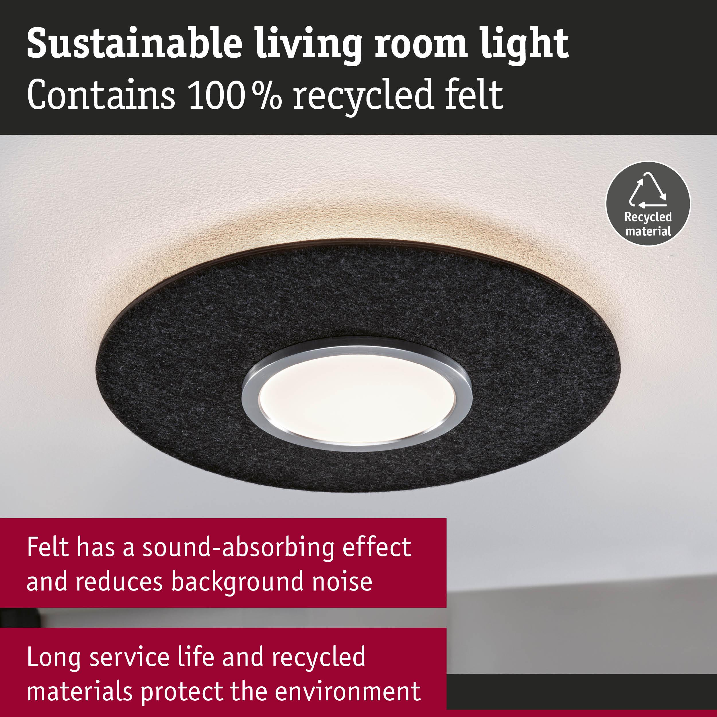 Okrągła ciemna lampa sufitowa z filcu z oświetleniem i symbolem recyklingu.