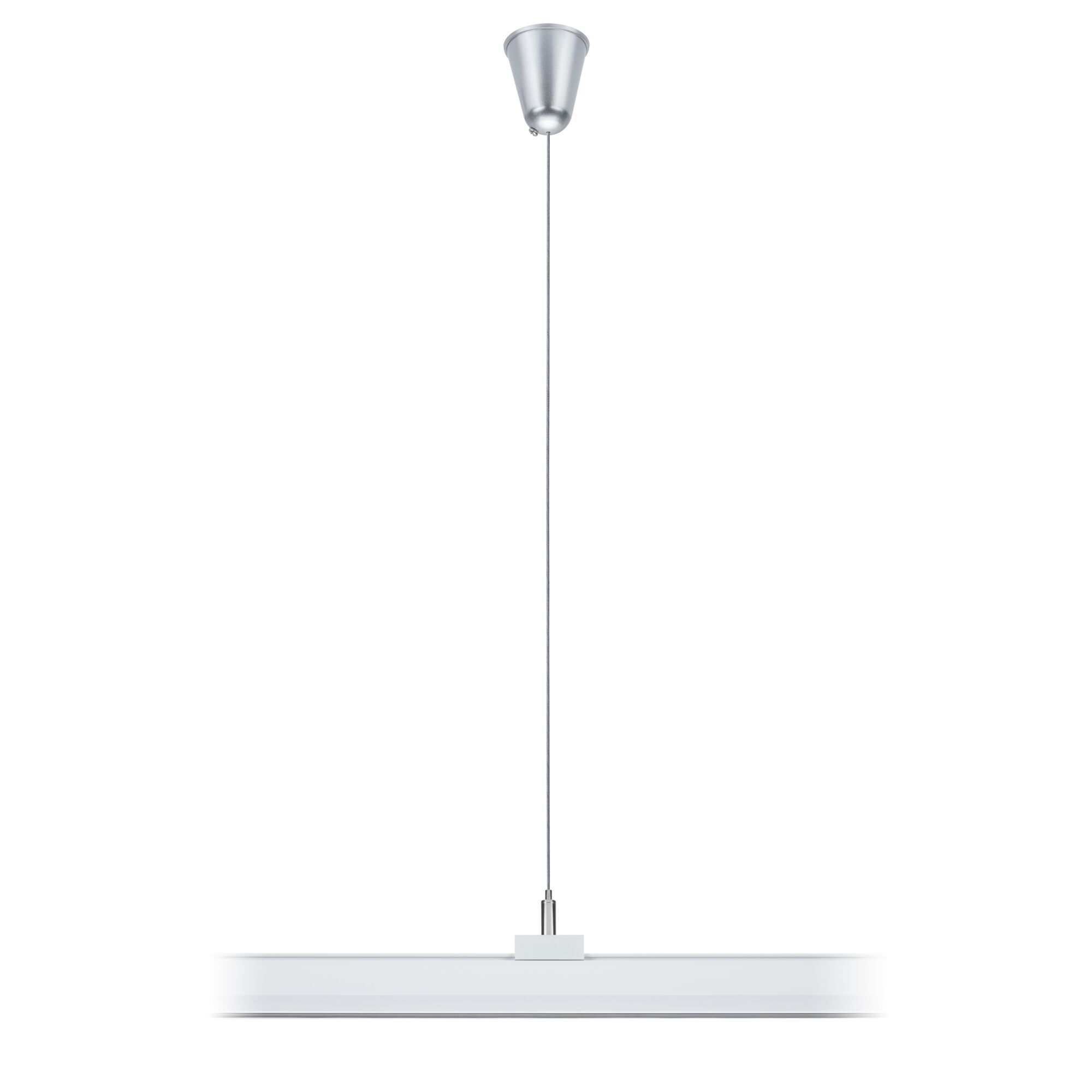 Eine schlichte weiße Pendelleuchte mit silbernem Baldachin und Kabel.