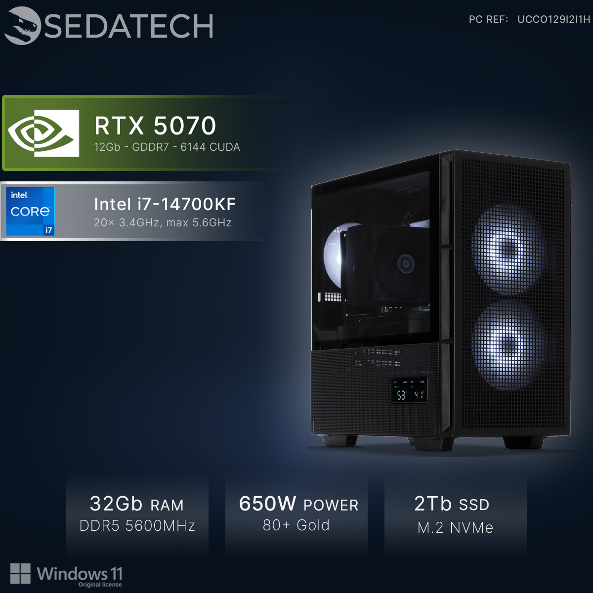 Schwarzes PC-Gehäuse mit leuchtenden Lüftern, RTX 5070, Intel i7 CPU, 32GB RAM, 650W Netzteil.