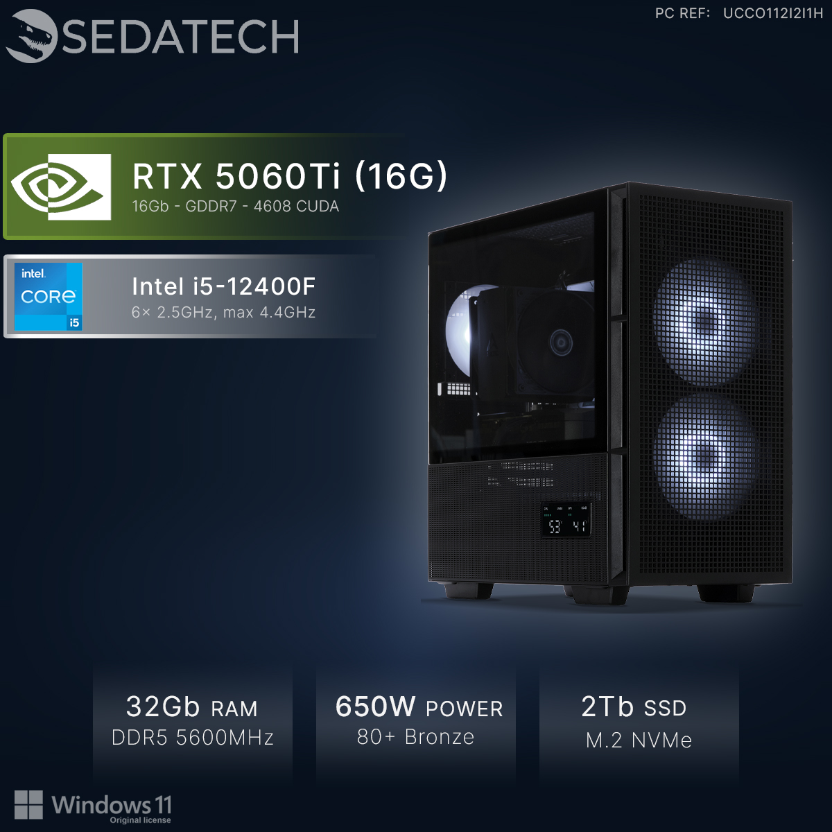 Un PC nero con ventole RGB, Intel i5, RTX 5060Ti, 32GB RAM.