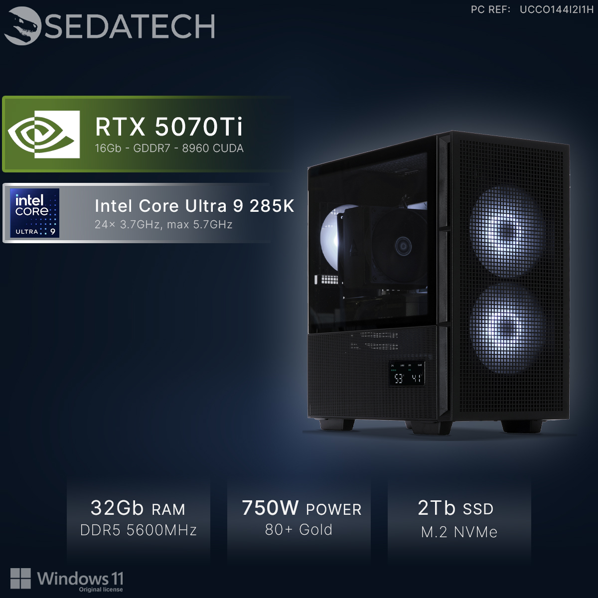 PC con RTX 5070Ti, Intel Core Ultra 9, 32GB RAM, 750W PSU, 2TB SSD.