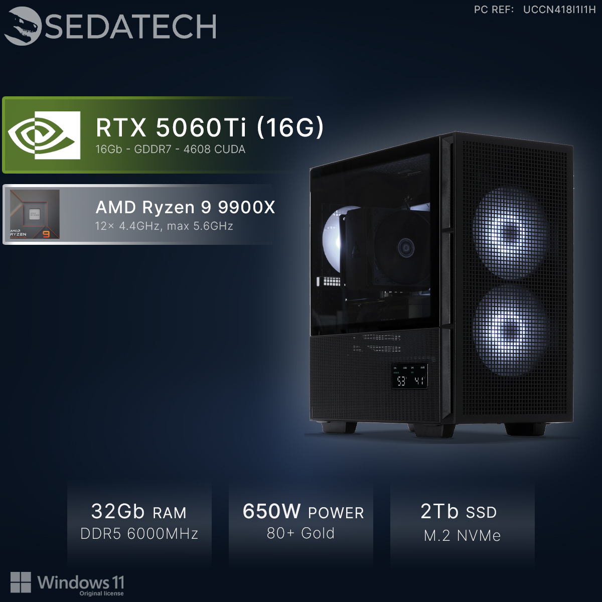 PC gaming nero con ventole RGB, RTX 5060Ti, Ryzen 9 e Windows 11.