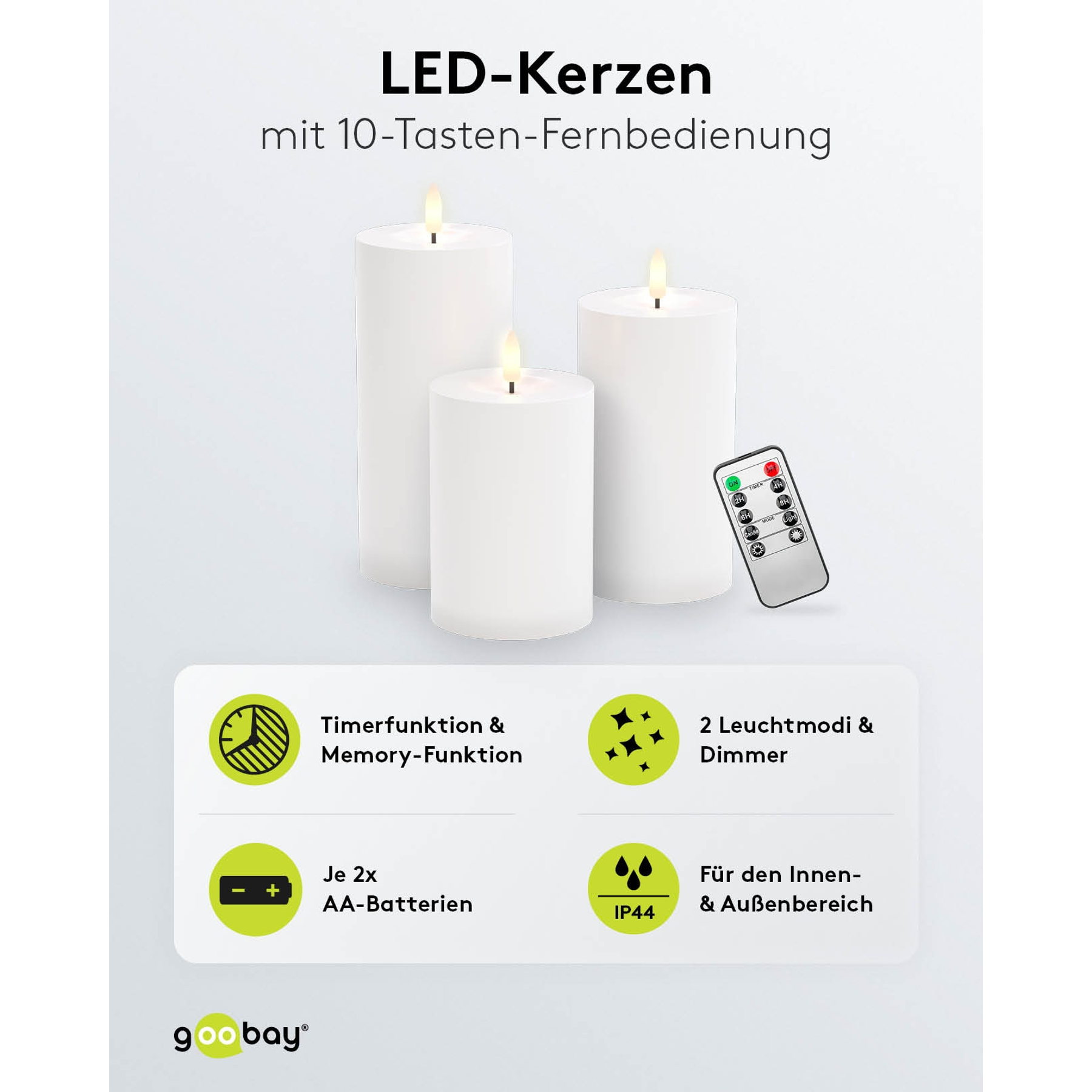 Drei weiße LED-Kerzen mit Fernbedienung und Funktionen.