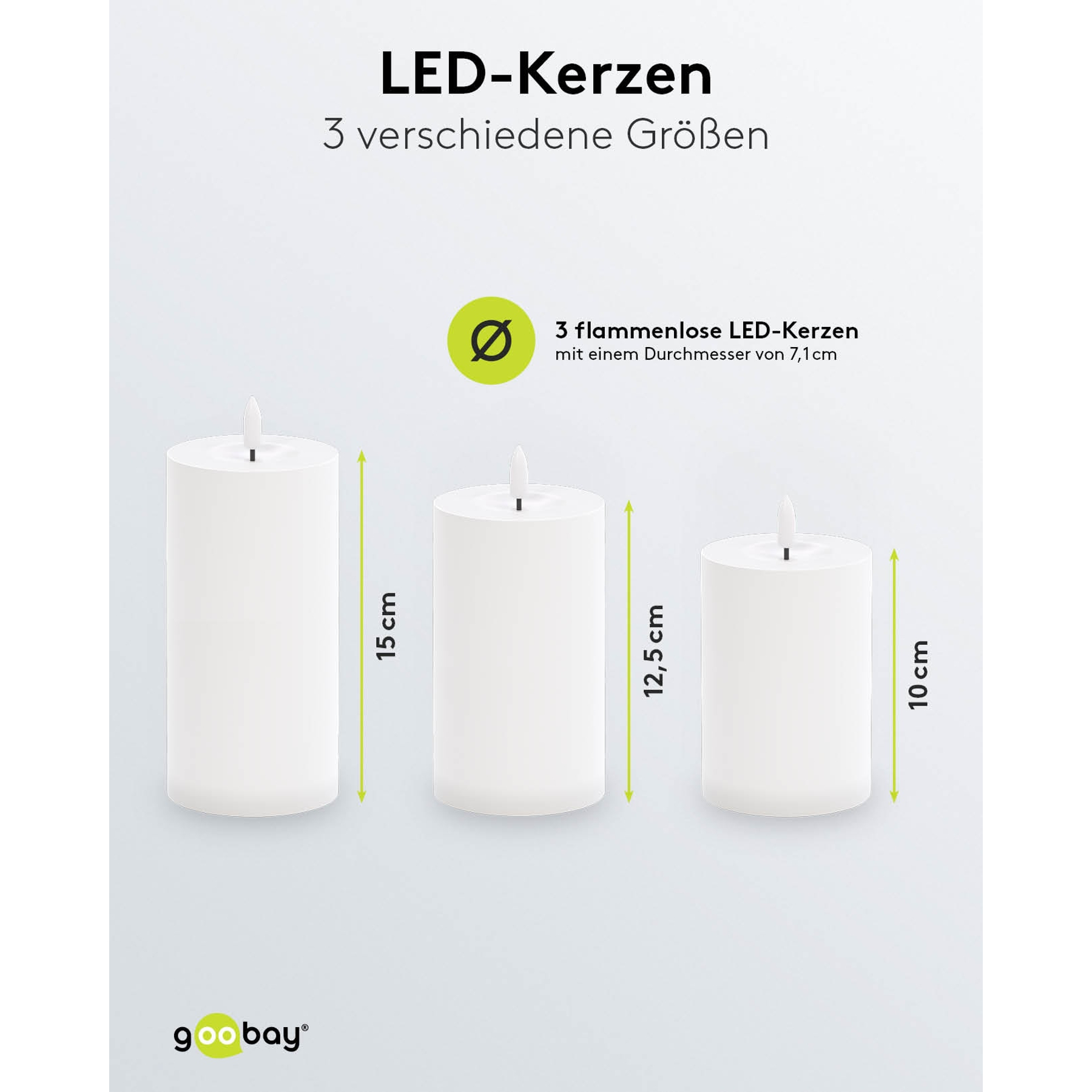 Drei weiße LED-Kerzen in verschiedenen Größen (10, 12,5, 15 cm).