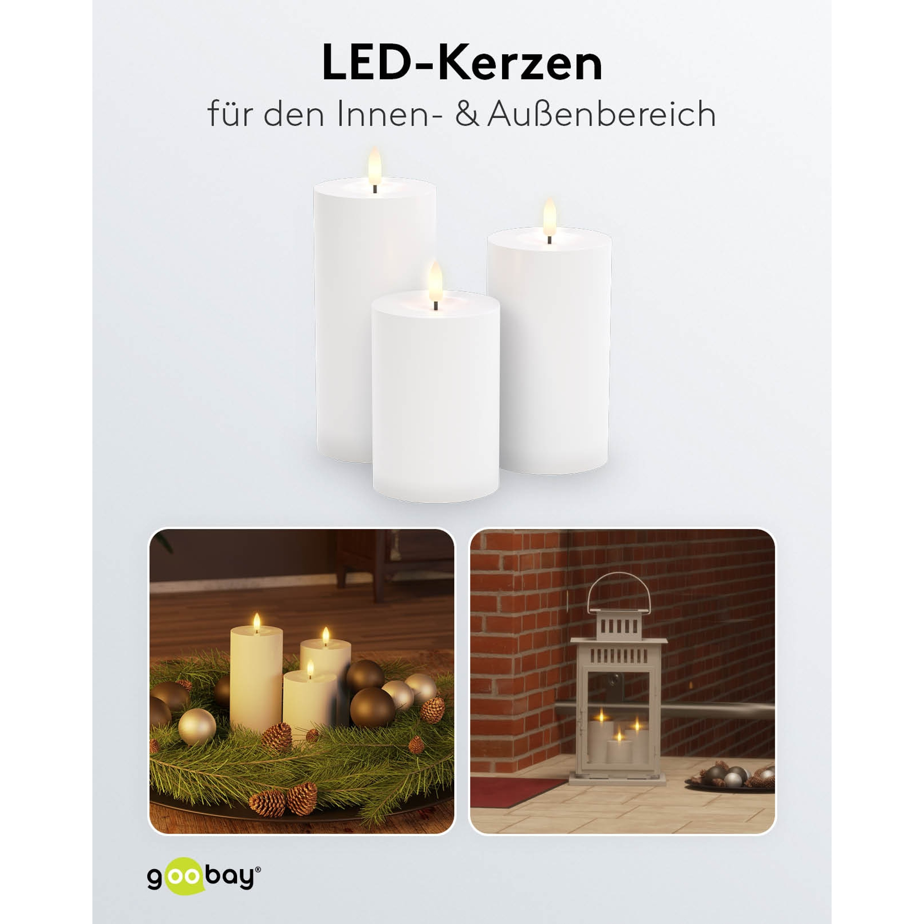 Drei weiße LED-Kerzen, eine Adventskranz-Deko und eine weiße Laterne.