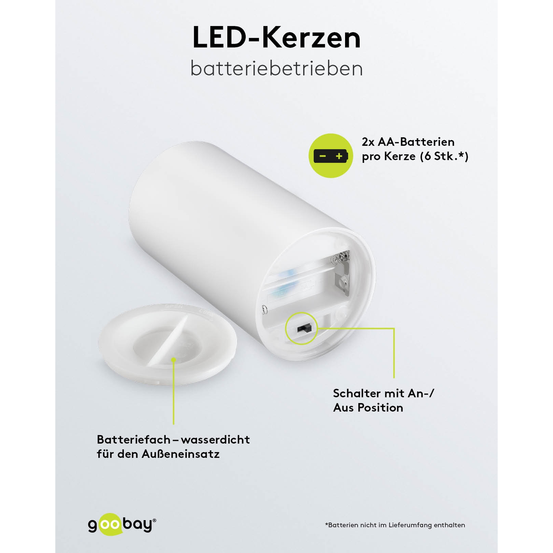 Weiße LED-Kerze mit abgenommenem wasserdichtem Batteriefach und Schalter.
