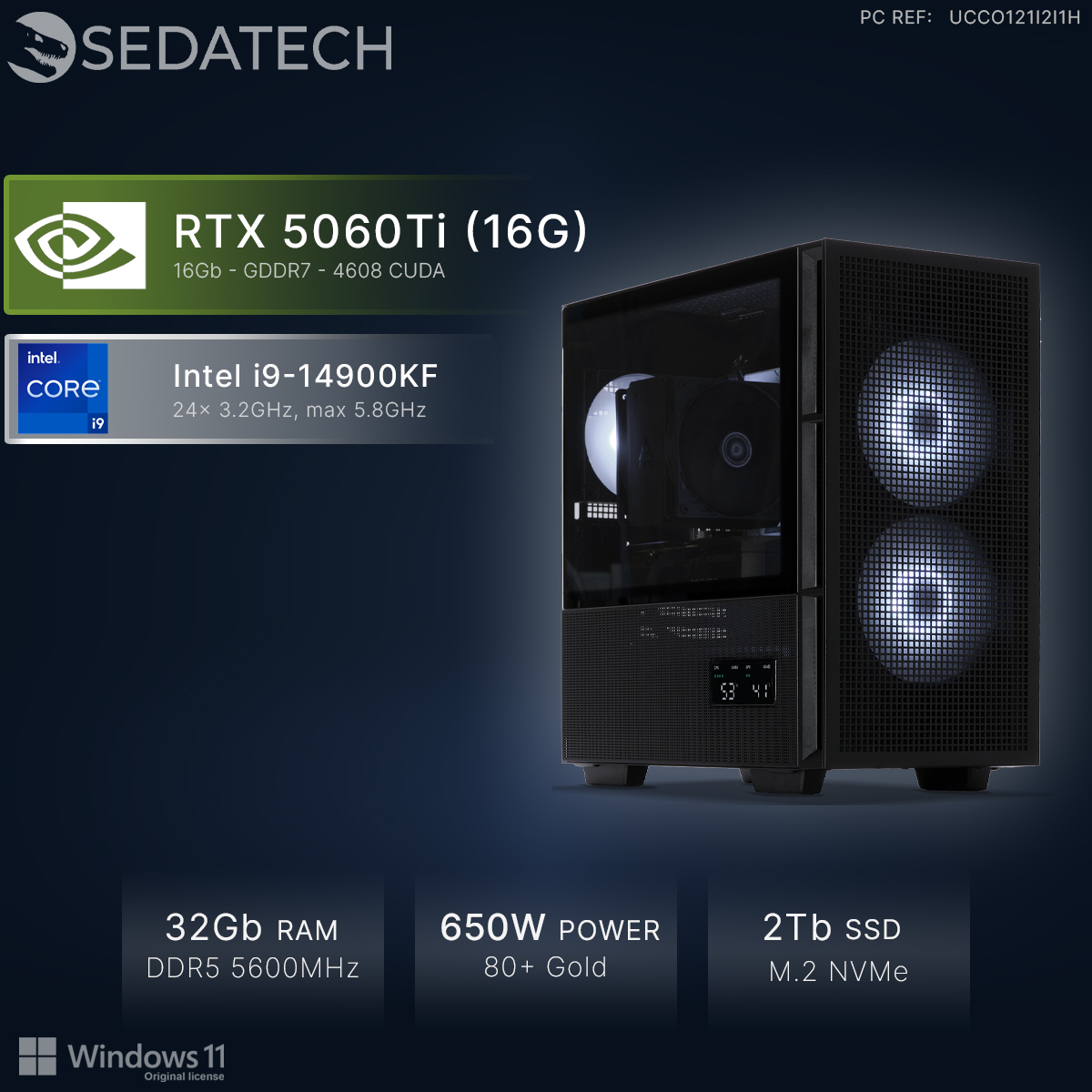 Un PC da gaming nero con ventole RGB, RTX 5060Ti e CPU Intel i9.