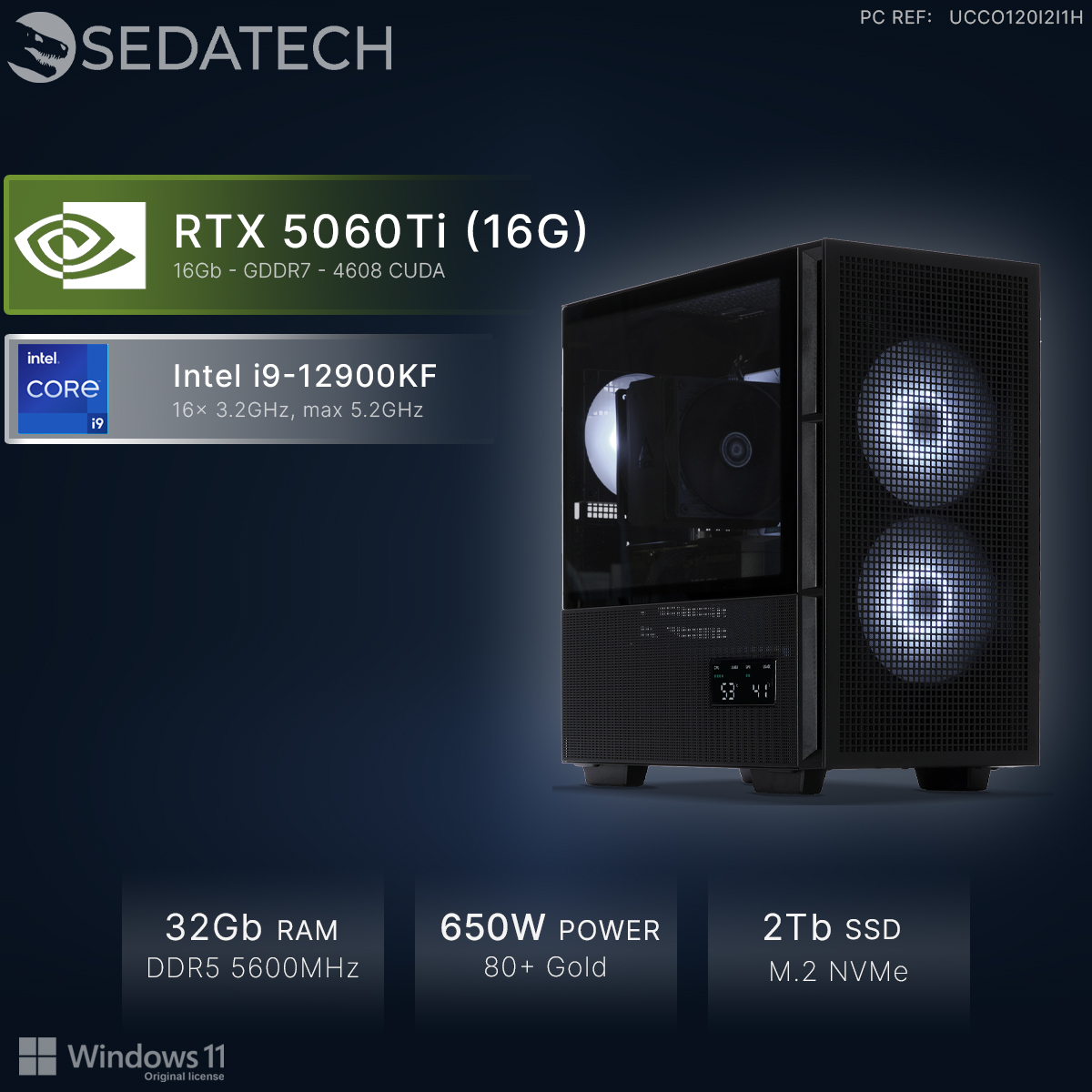 Un PC gaming Sedatech con RTX 5060Ti, Intel i9, 32GB RAM, PSU 650W, SSD 2TB.