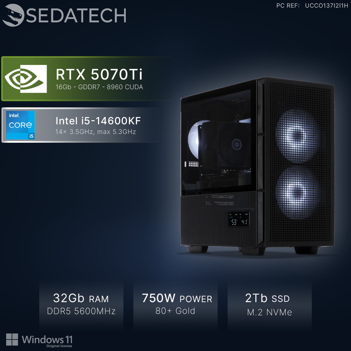 Un PC con RTX 5070Ti, Intel i5-14600KF, 32GB RAM, alimentatore 750W e SSD 2TB.