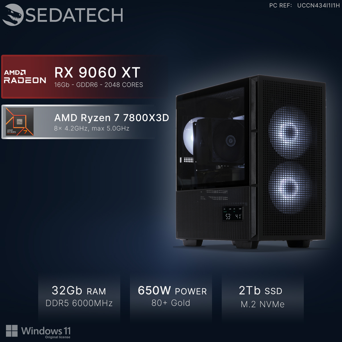 PC Sedatech: RX 9060 XT, Ryzen 7 7800X3D, 32GB RAM DDR5, 650W, SSD 2TB.