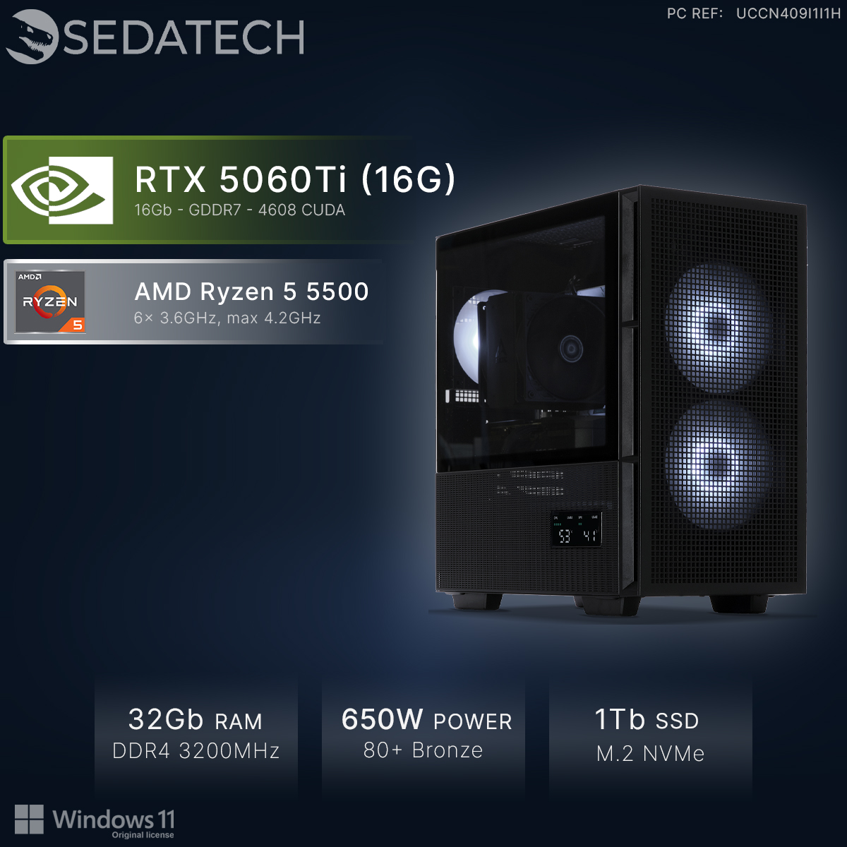 Komputer z RTX 5060Ti, Ryzen 5 5500, 32GB RAM, zasilaczem 650W i dyskiem SSD 1TB.