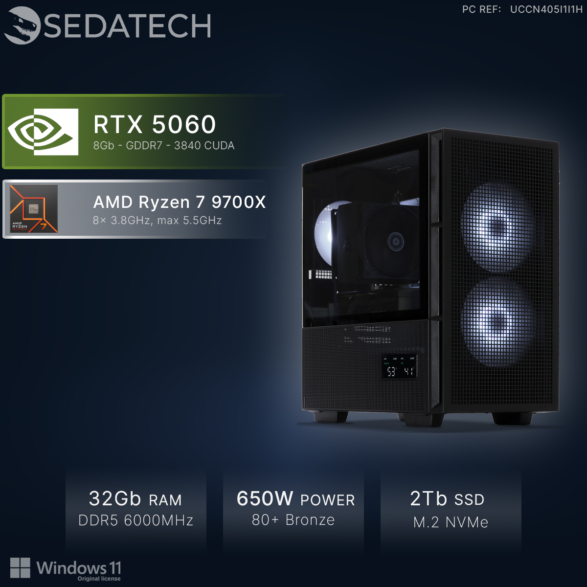 Un PC Sedatech con RTX 5060, Ryzen 7 9700X, 32GB RAM, PSU 650W, SSD 2TB.
