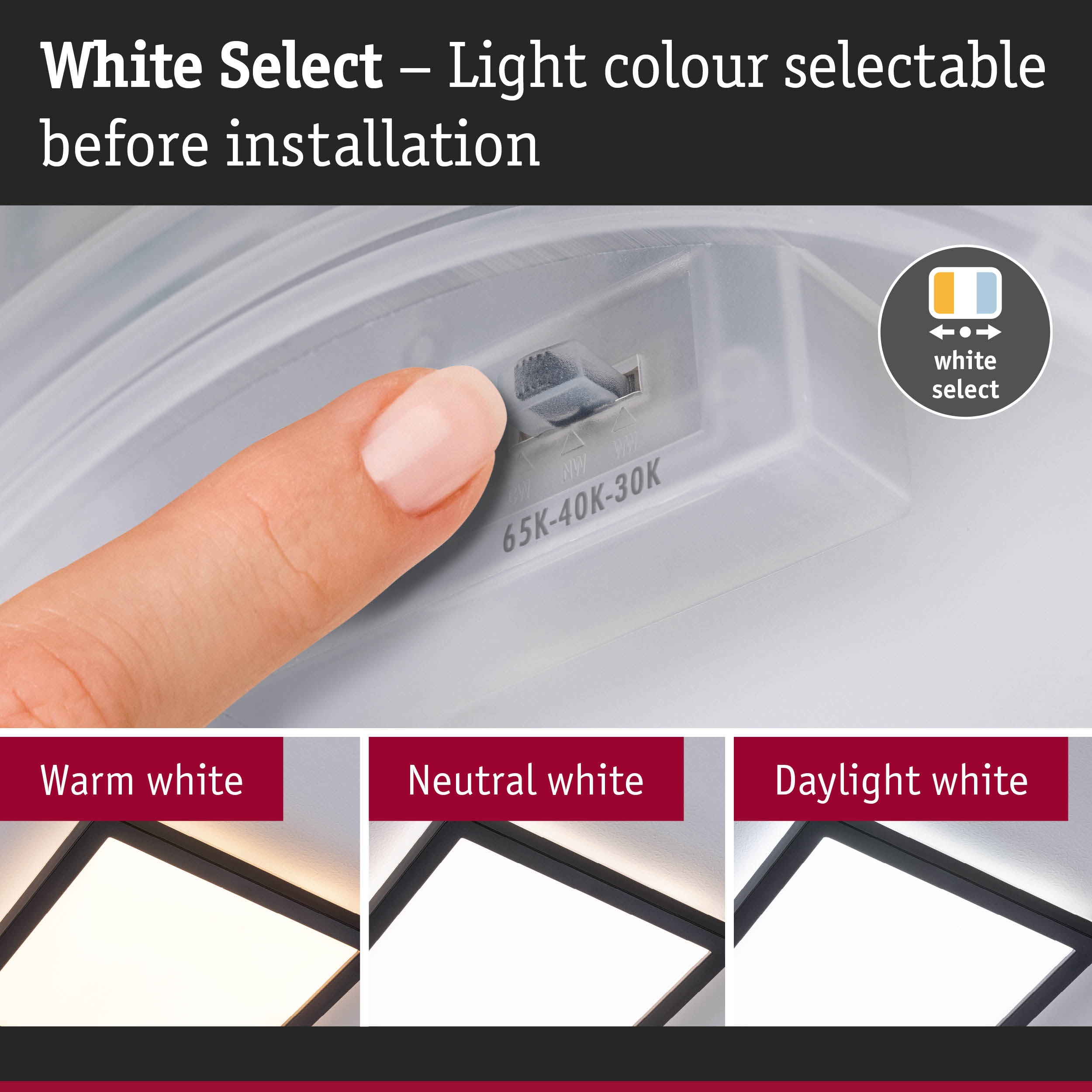 Palec przełącza przełącznik 65K-40K-30K, aby wybrać kolor światła.