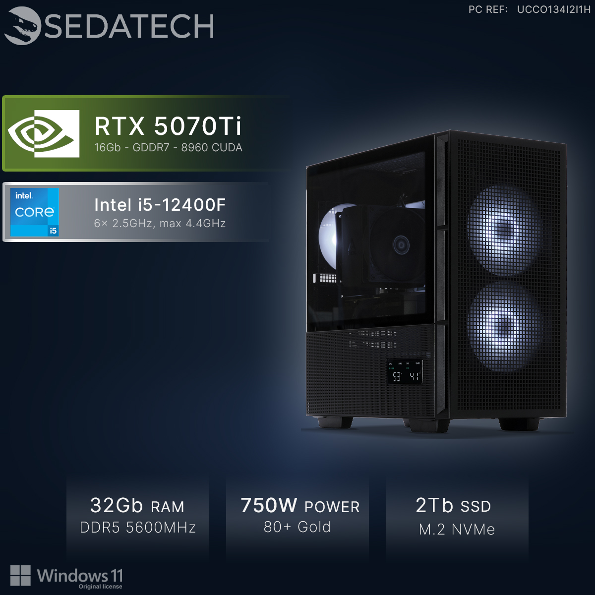 PC Sedatech: RTX 5070Ti, Intel i5-12400F, 32GB RAM, PSU 750W, SSD 2TB.