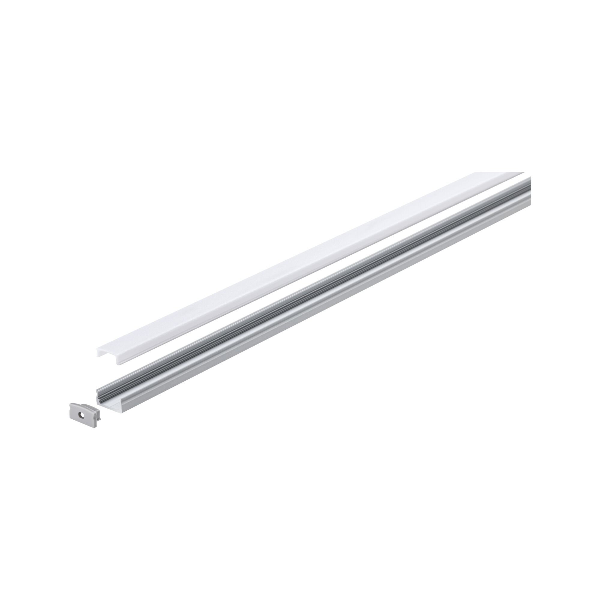 Ein silberner Aluminiumprofil mit einer weißen Abdeckung und einer Halterung.