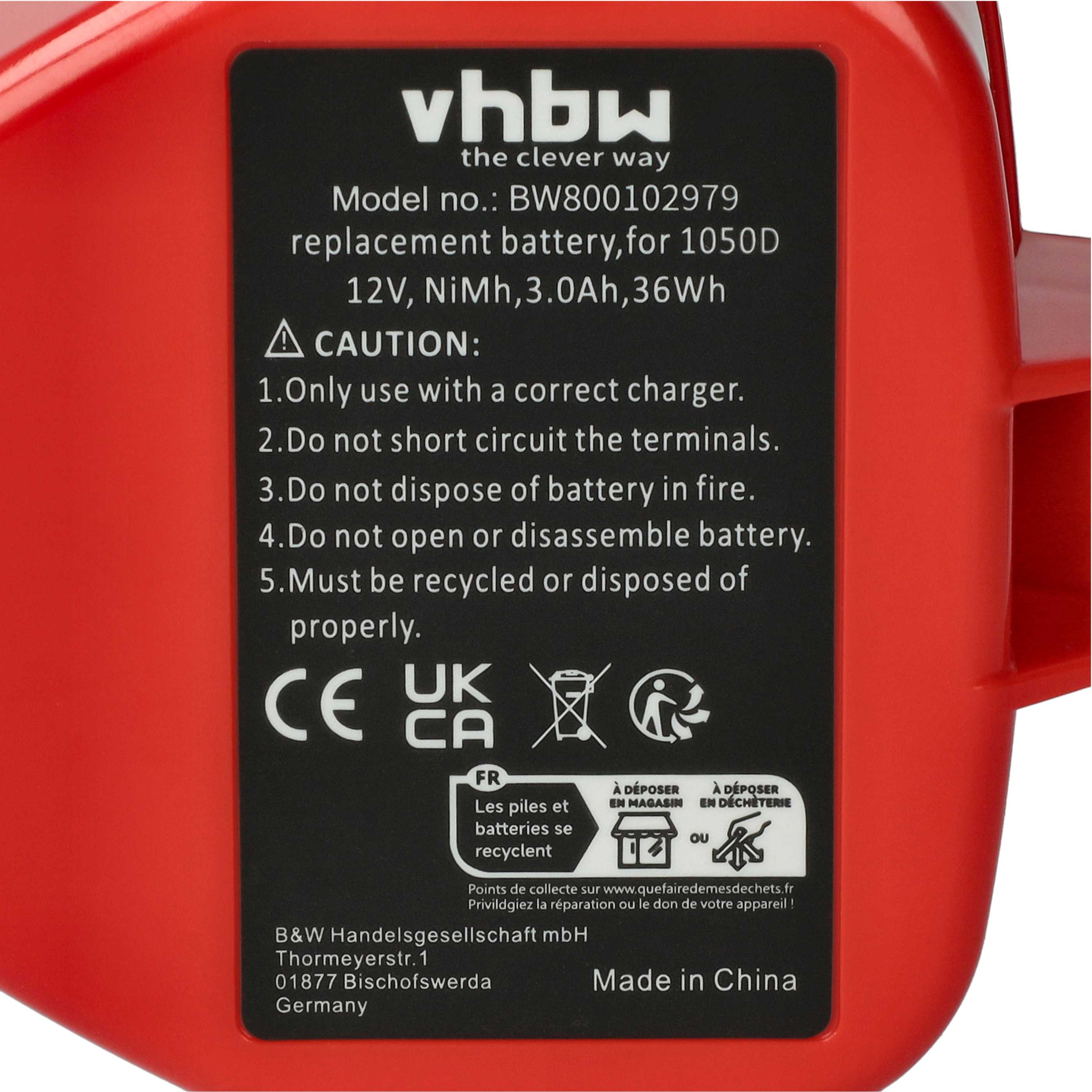 Rote Batterie mit schwarzem Etikett: VHBW, Modell BW800102979, 12V, NiMH.