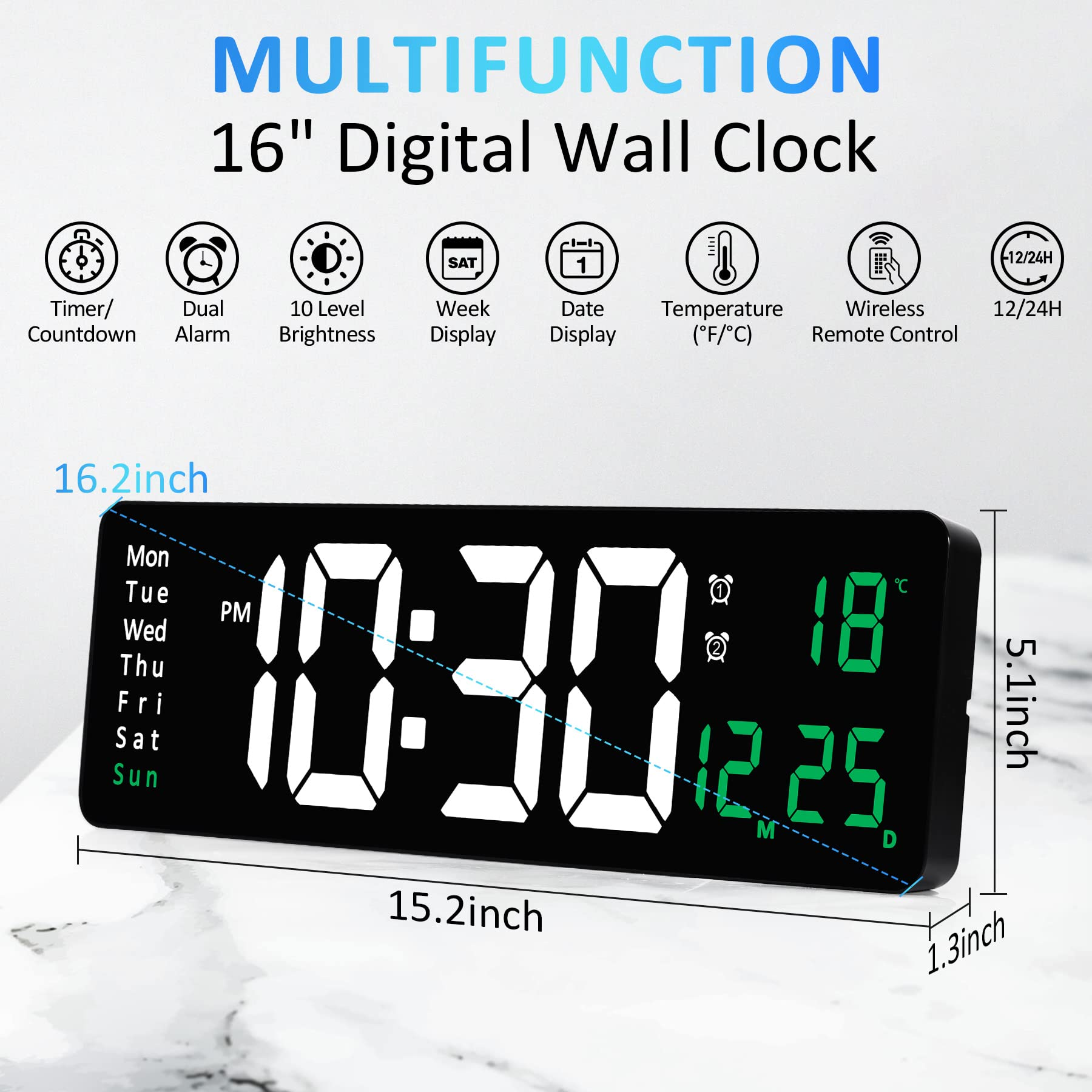 Große digitale Wanduhr zeigt 10:30 Uhr, Datum 12/25 und Temperatur 18°C an.